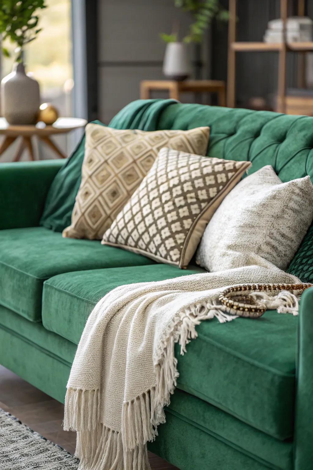 Textured cushions enhance the comfort and style of an emerald sofa.