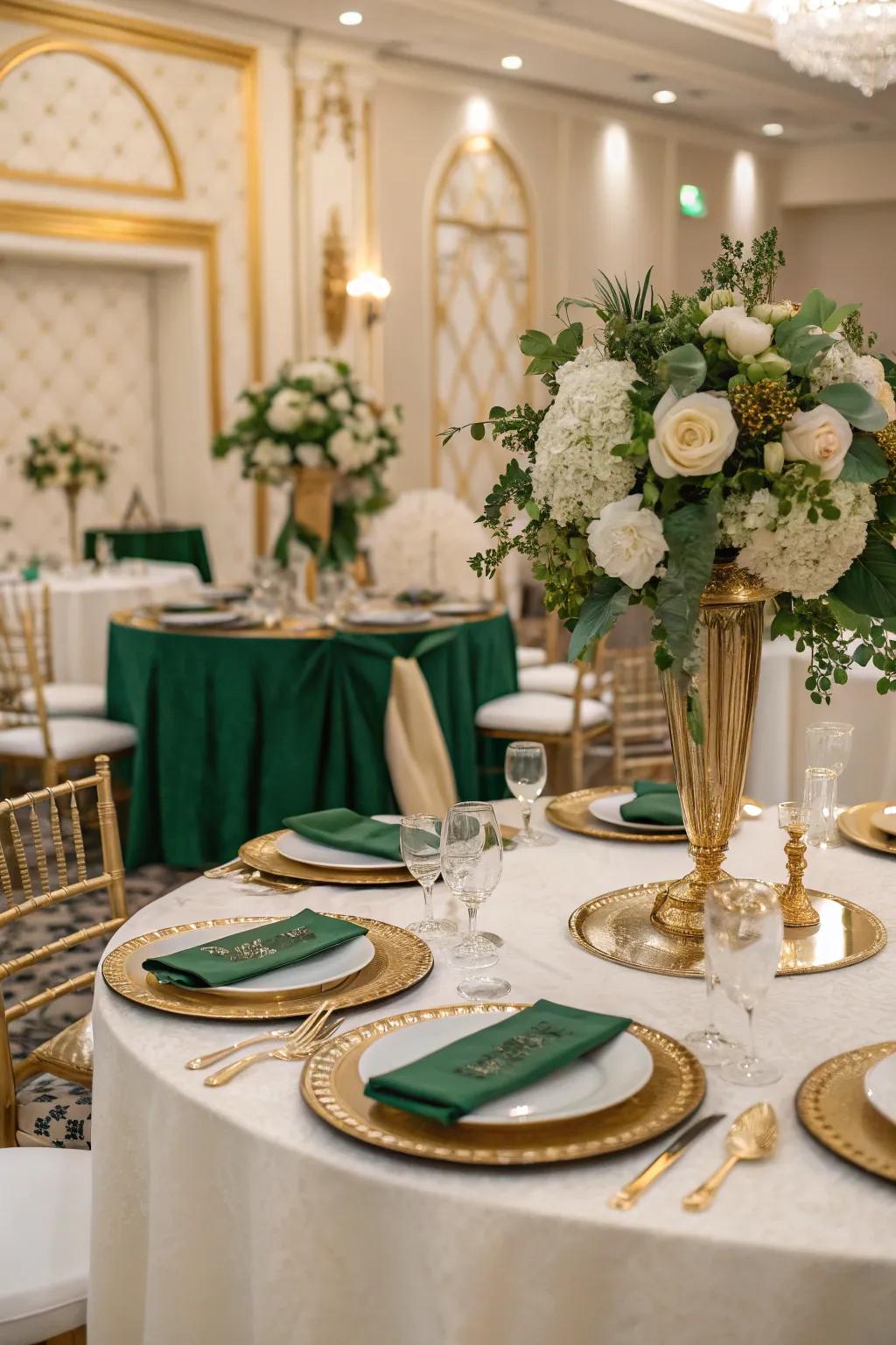 An elegant hue selection of forest green, gold, and ivory.