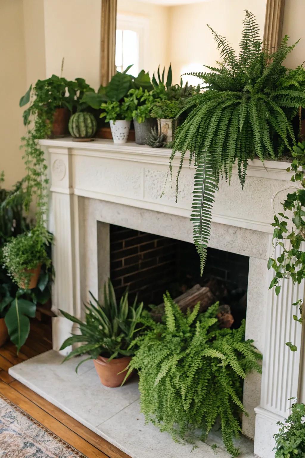 Incorporate nature indoors through a fireplace overflowing with foliage.