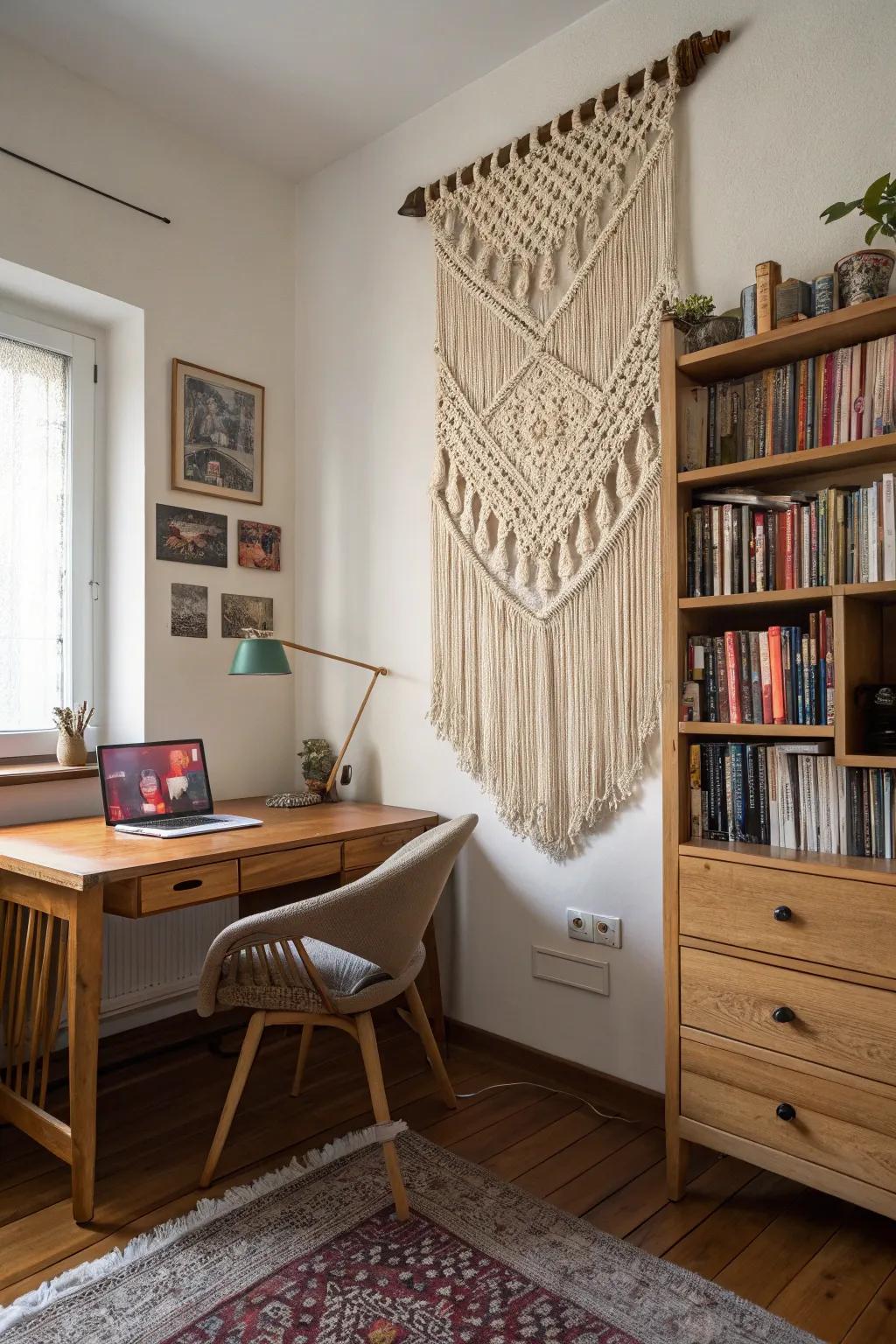Dimensional knotted artistry enriching warmth and dimension within a study.