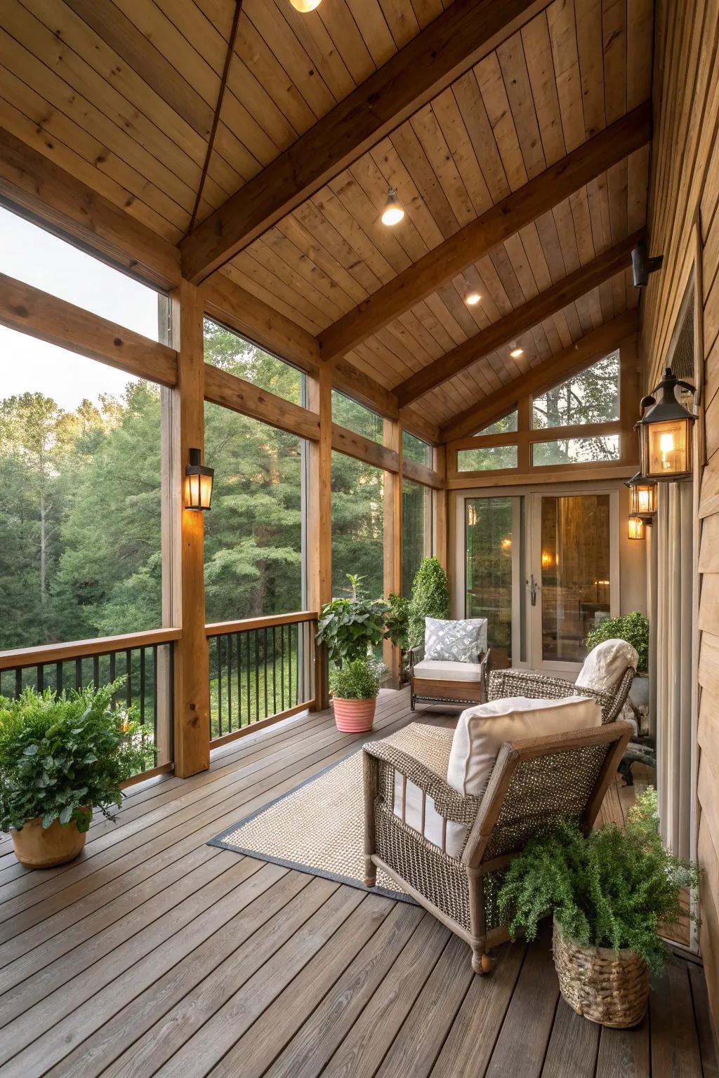 Rustic charm through wood accents on an enclosed deck.