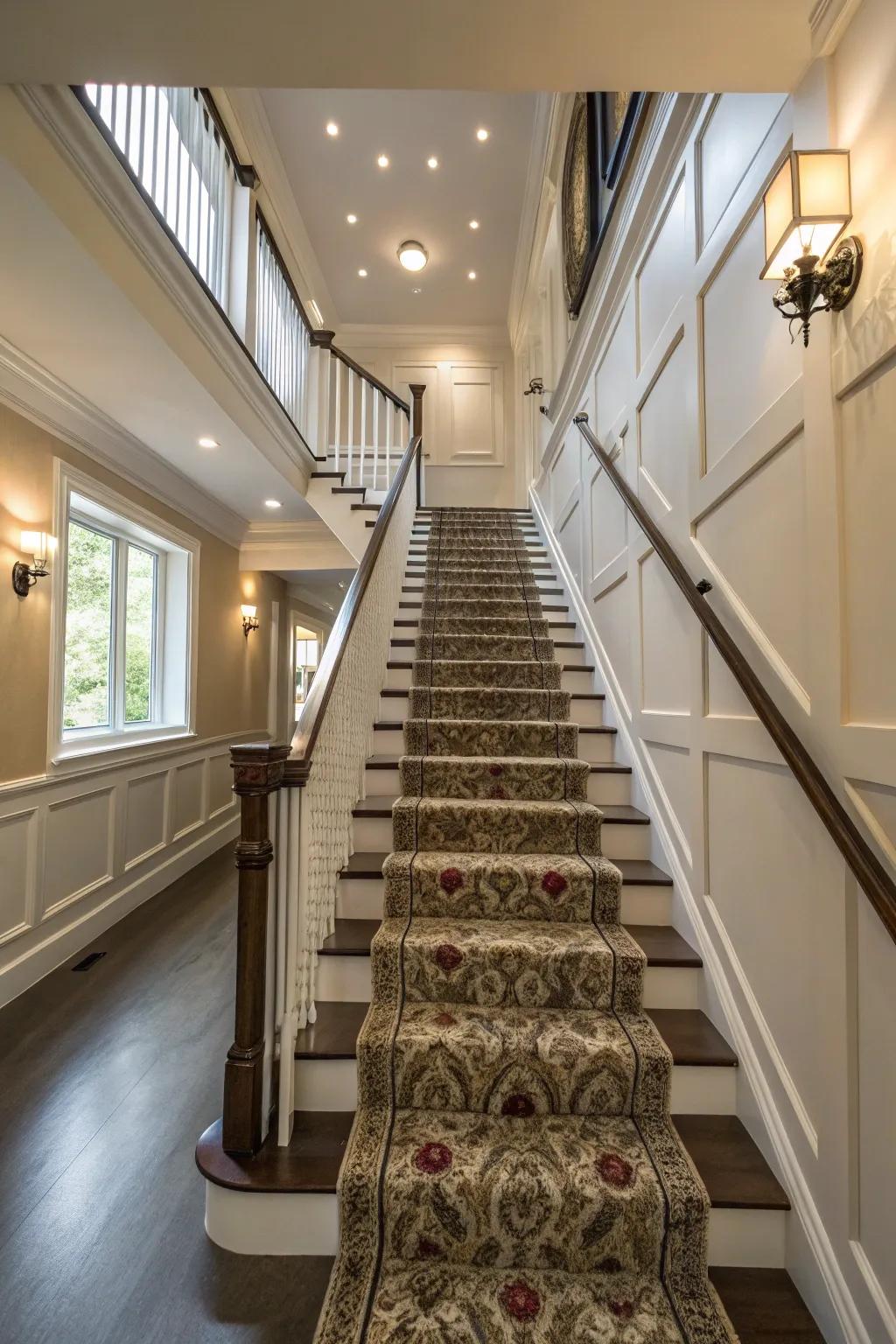Stairwells gain a sense of style and comfort with carpet runners.