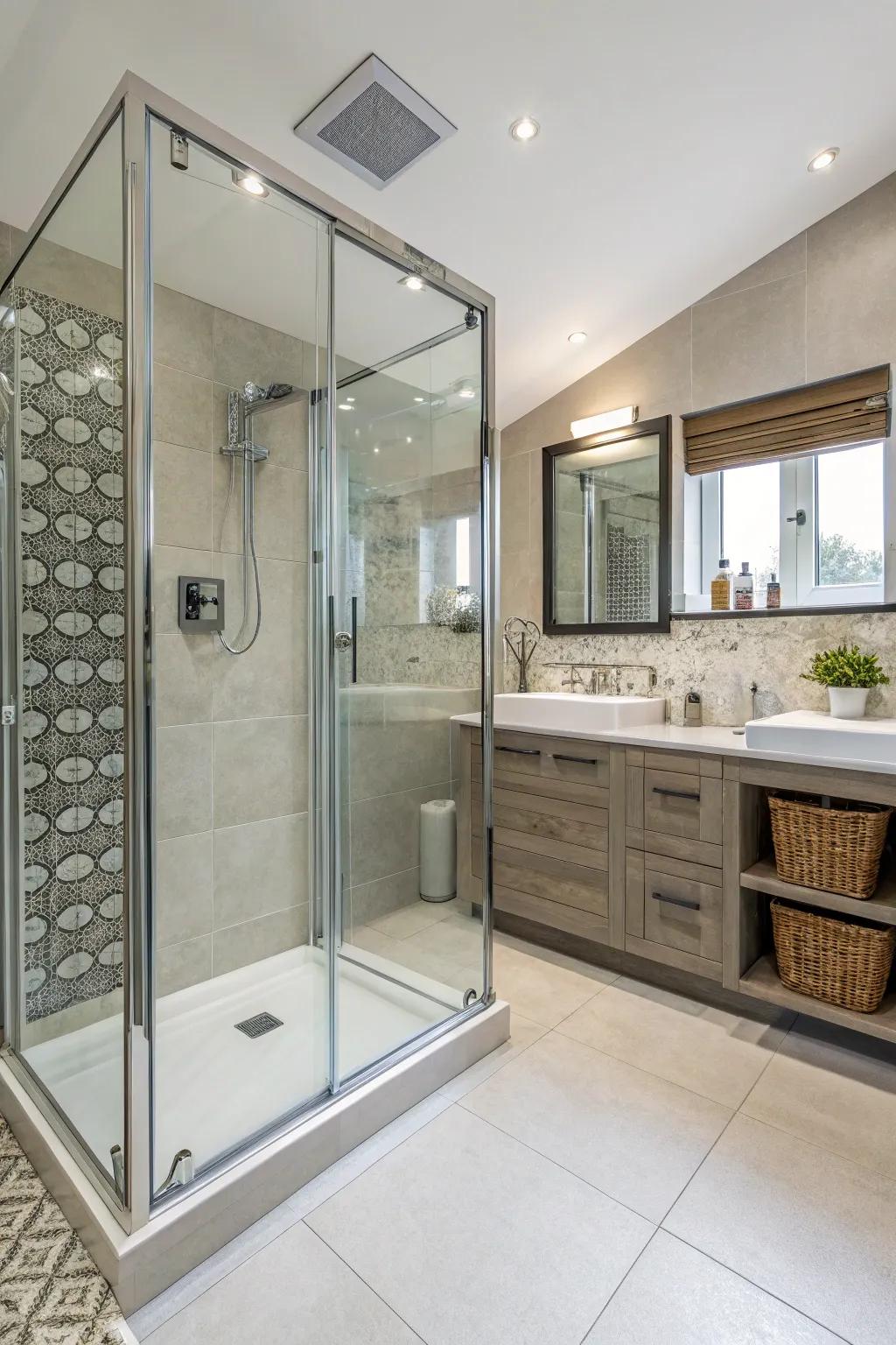 This step-free shower enhanced with glass panels infuses sophistication and amplifies the spacious feel of the ensuite.
