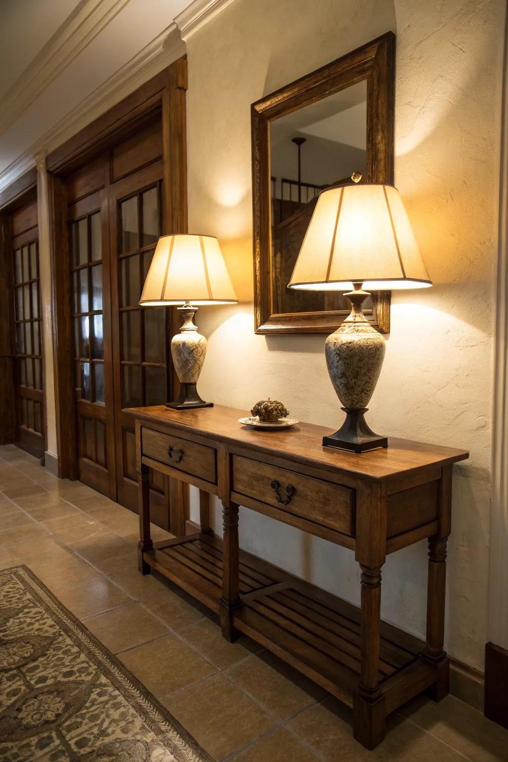 Counter lamps contribute a snug touch to this inviting doorway.