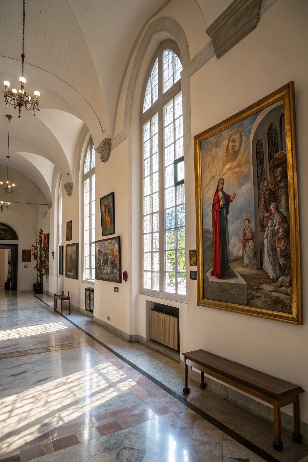 Elegant art pieces in the church foyer blend faith with beauty.