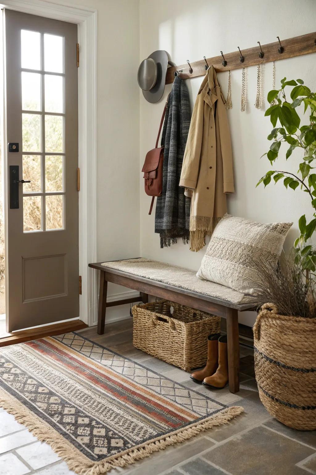 Layering rugs enriches your entryway with texture and visual allure.