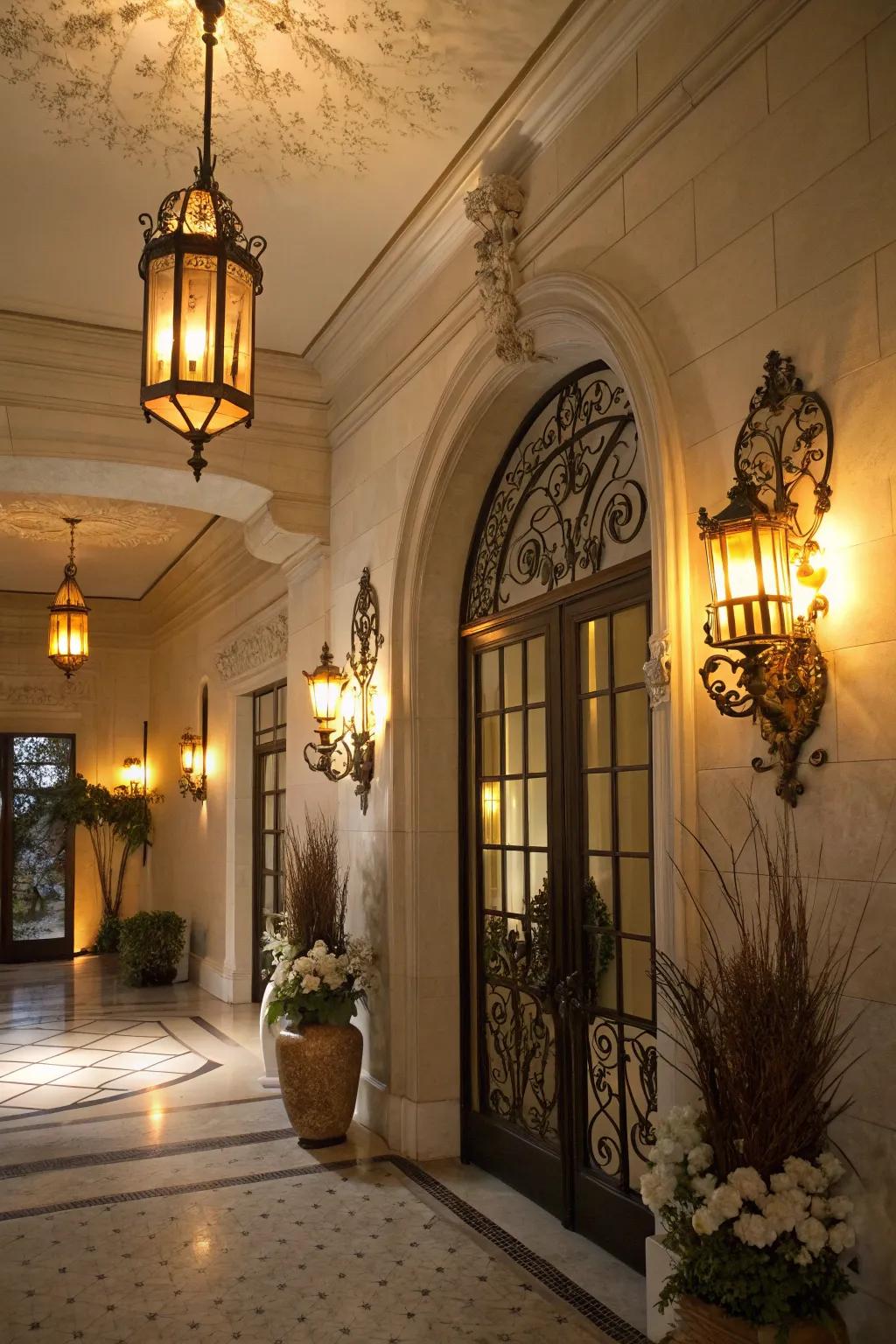 An entryway illuminated via ornamental wall sconces to establish an elegant ambiance.