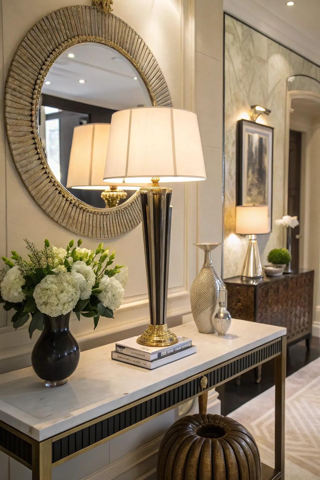 A table lamp introduces warmth and sophistication to your entryway.