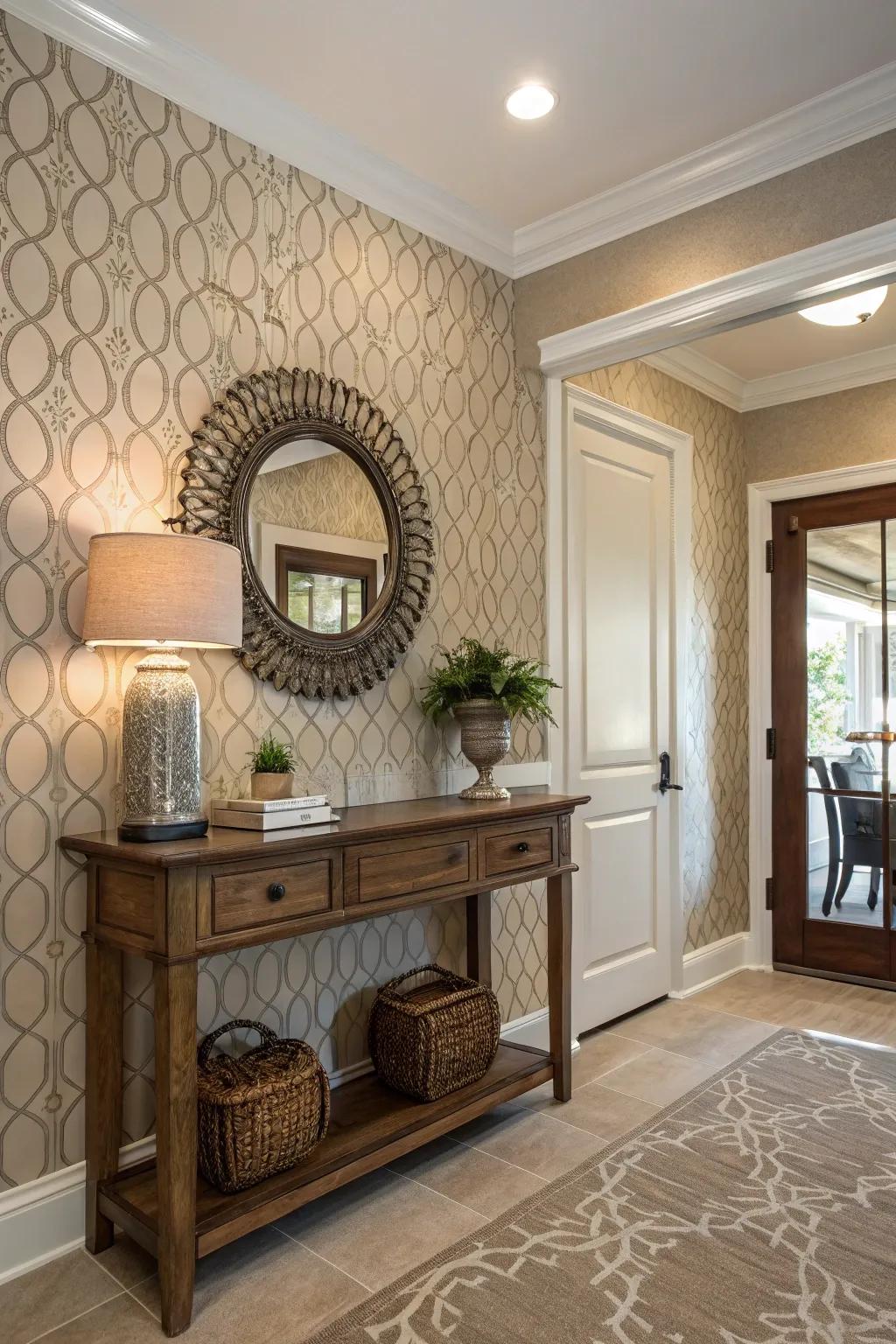 Elegant entryway with textured neutral wallpaper for a calming atmosphere.
