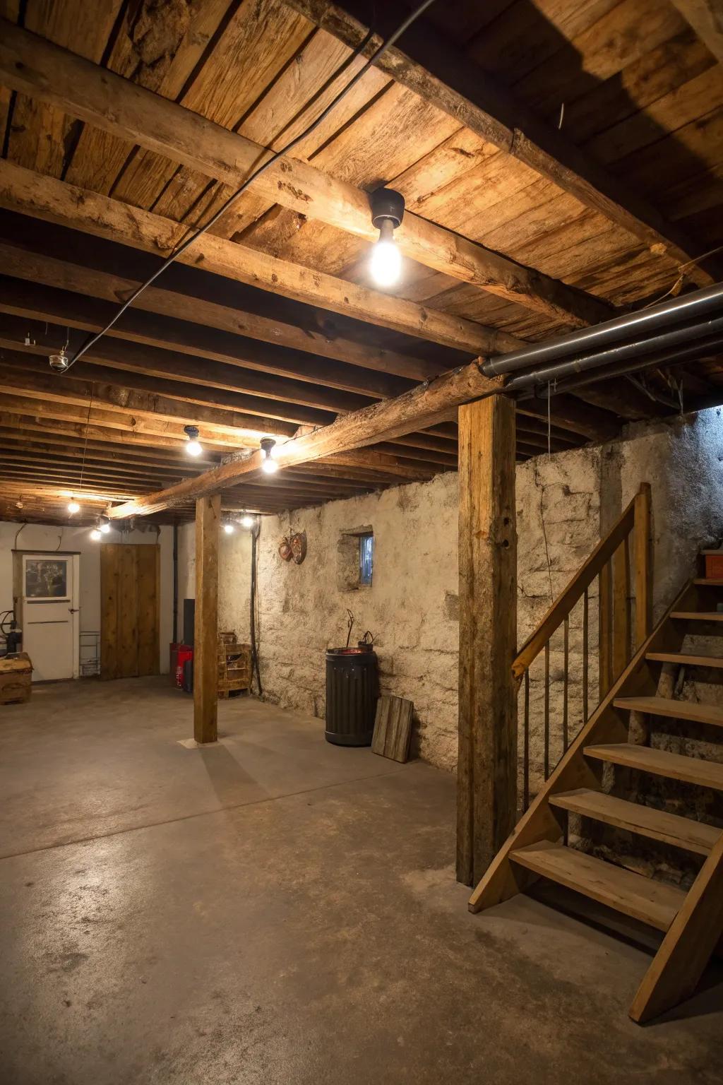 Incorporate country timber supports to soften the industrial sharpness of a bare ceiling.