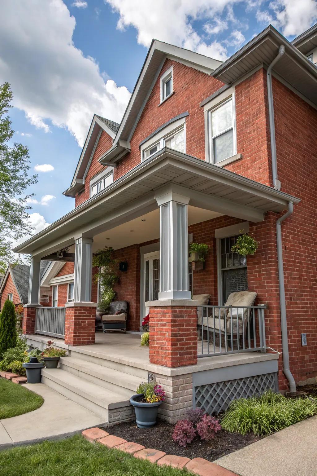 Harmonious blend of soft pewter tones and red brick.