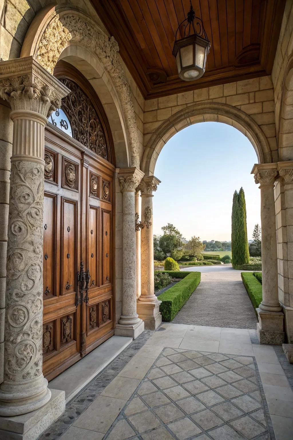 A stone-detailed entryway providing a grand and welcoming entrance.