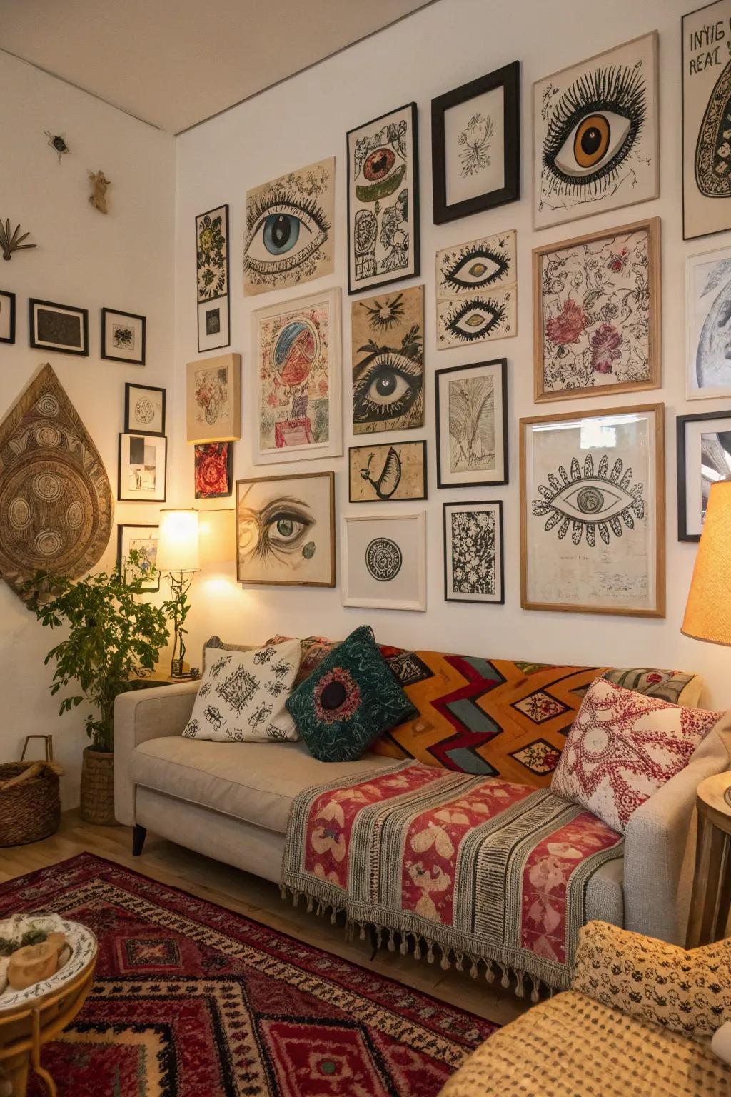 A lively collection of varied eye art styles that converts a blank wall into a distinctive artistic display.