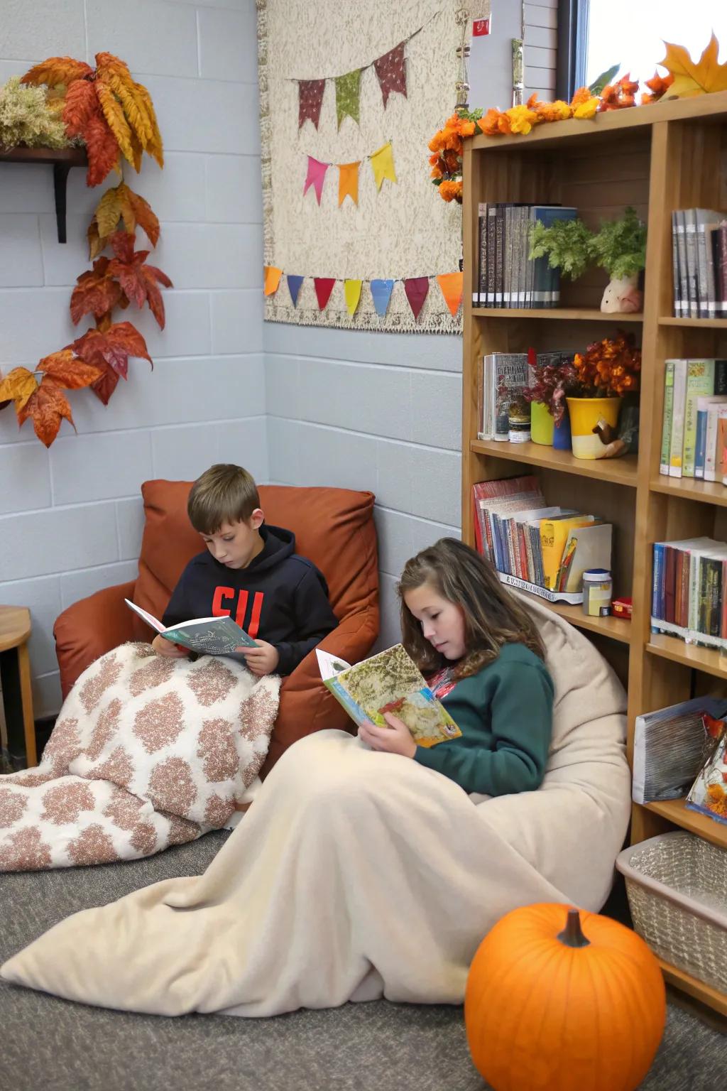 A cozy reading nook perfect for fall storytelling.