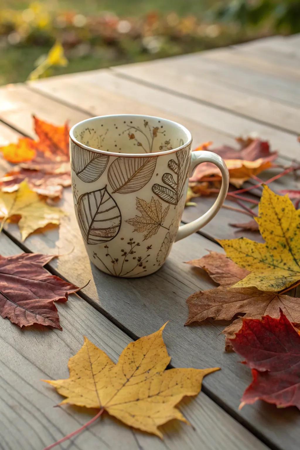 Cup with intricate foliage and leaf designs.