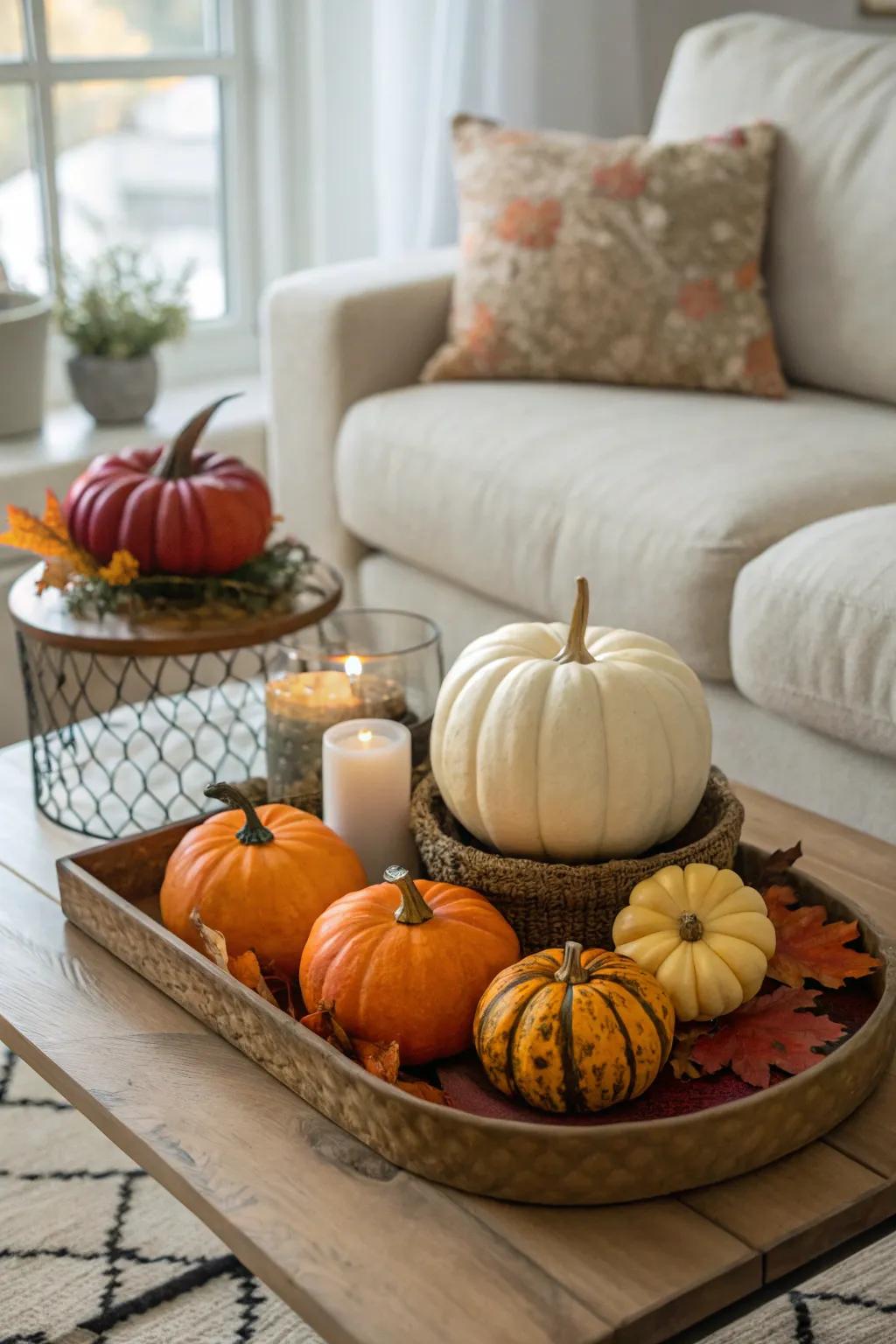 Pumpkins are a quintessential fall decoration that add a festive vibe to your home.
