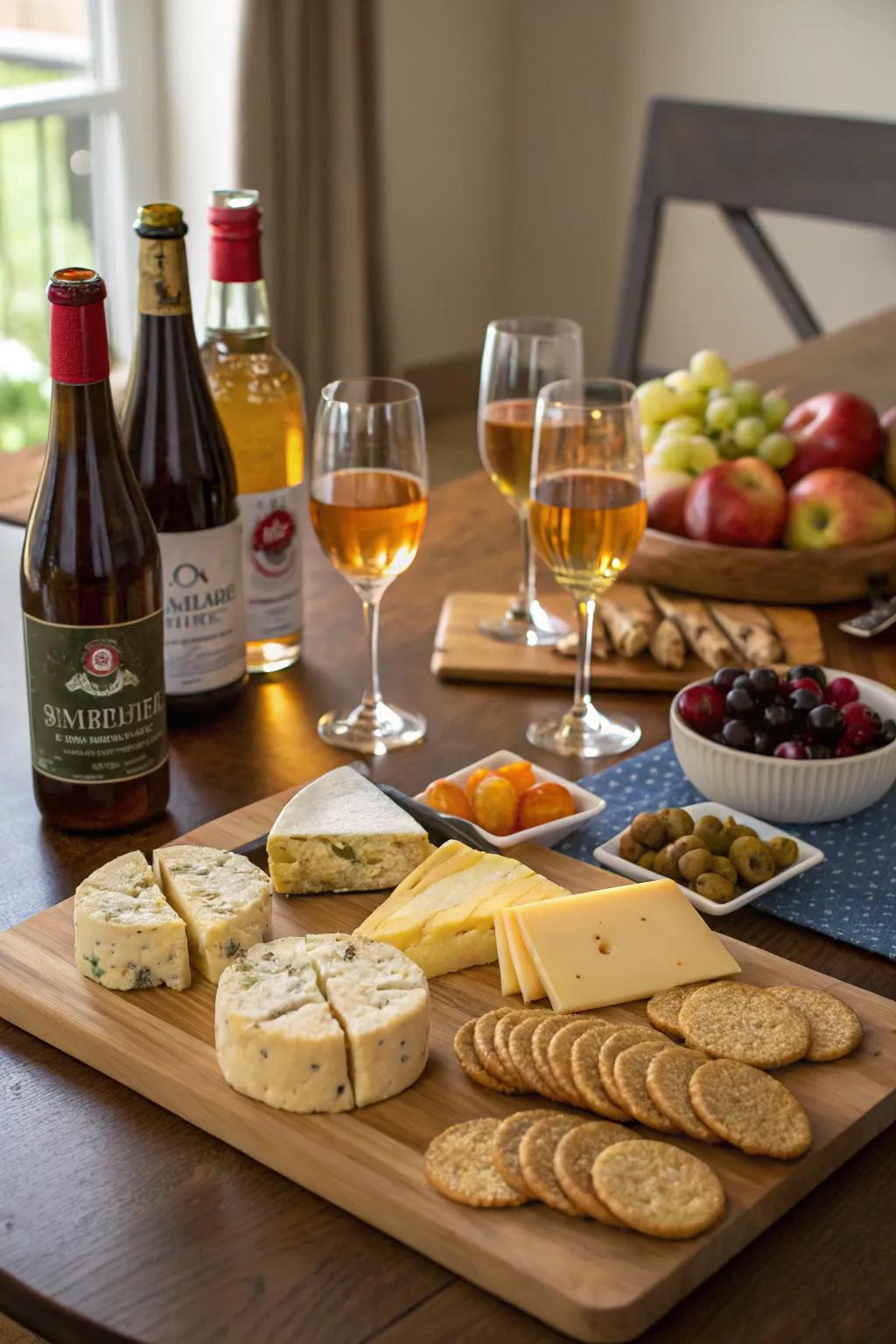 A tempting cider tasting setup with cheeses and snacks.