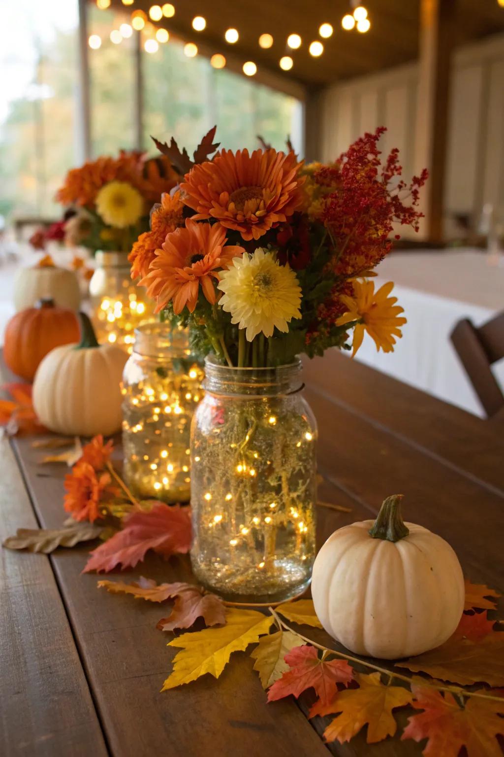 Preserving pots filled with twinkling lights and autumnal blooms add countryside charm to the wedding decorations.