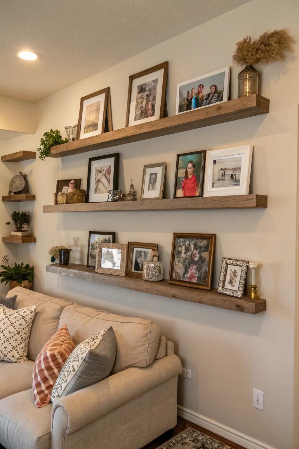 Floating ledges create an adaptable photo display.