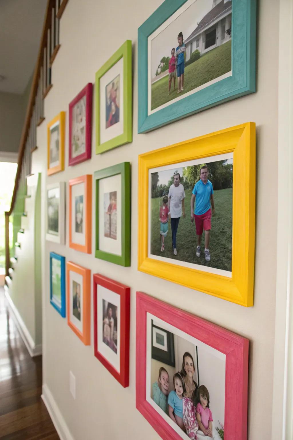 Colorful mats accentuate family photos, adding liveliness and flair.