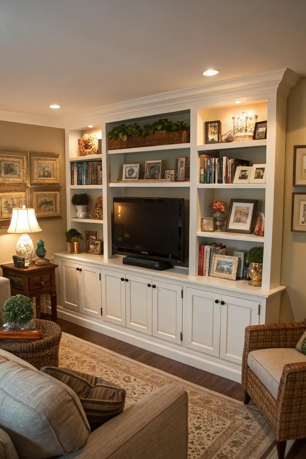 Floating shelves offer space for decorations and a fluid TV integration.