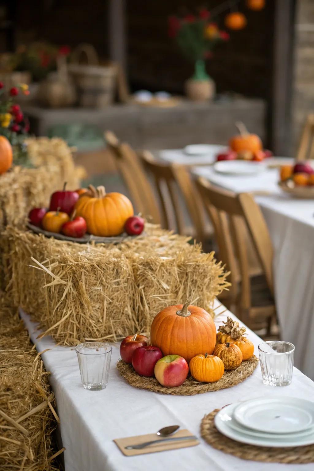 Compressed grass bundles crowned with cucurbits fashion a cozy, rustic centerpiece.