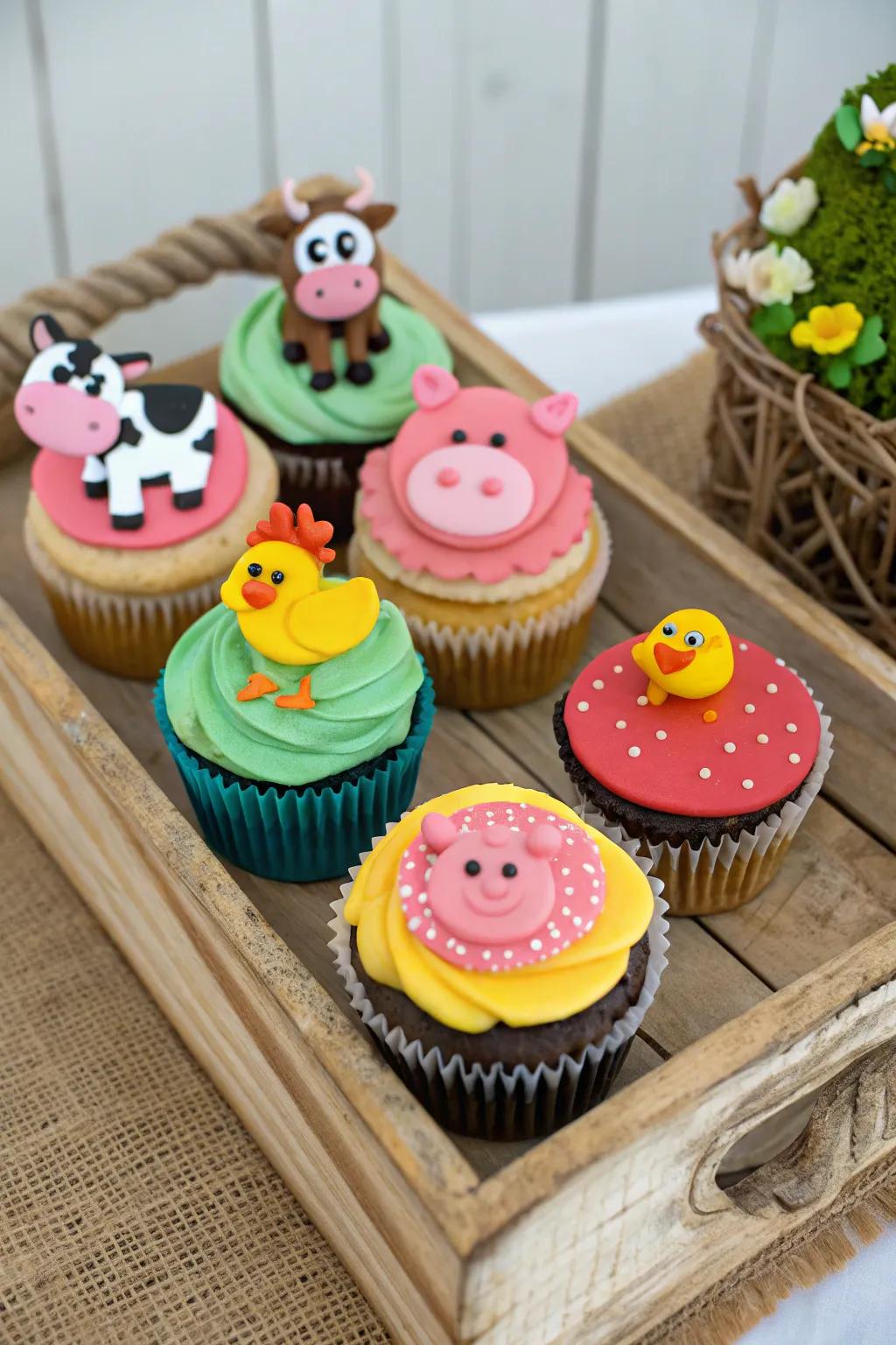 Cupcakes adorned with delightful farm animal toppers make for a sweet treat.