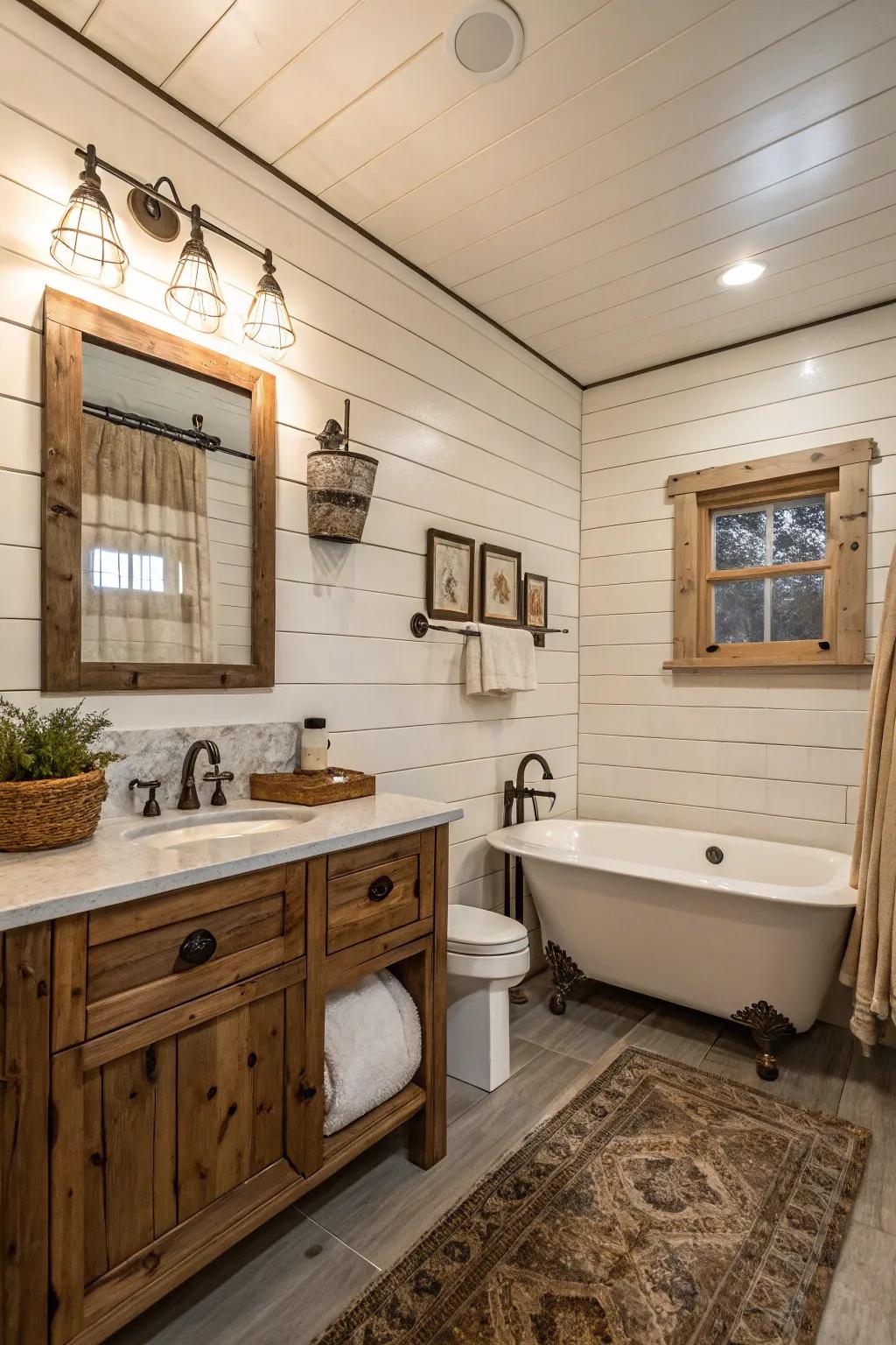 Shiplap walls enrich the rustic appeal of a farmhouse bathroom.