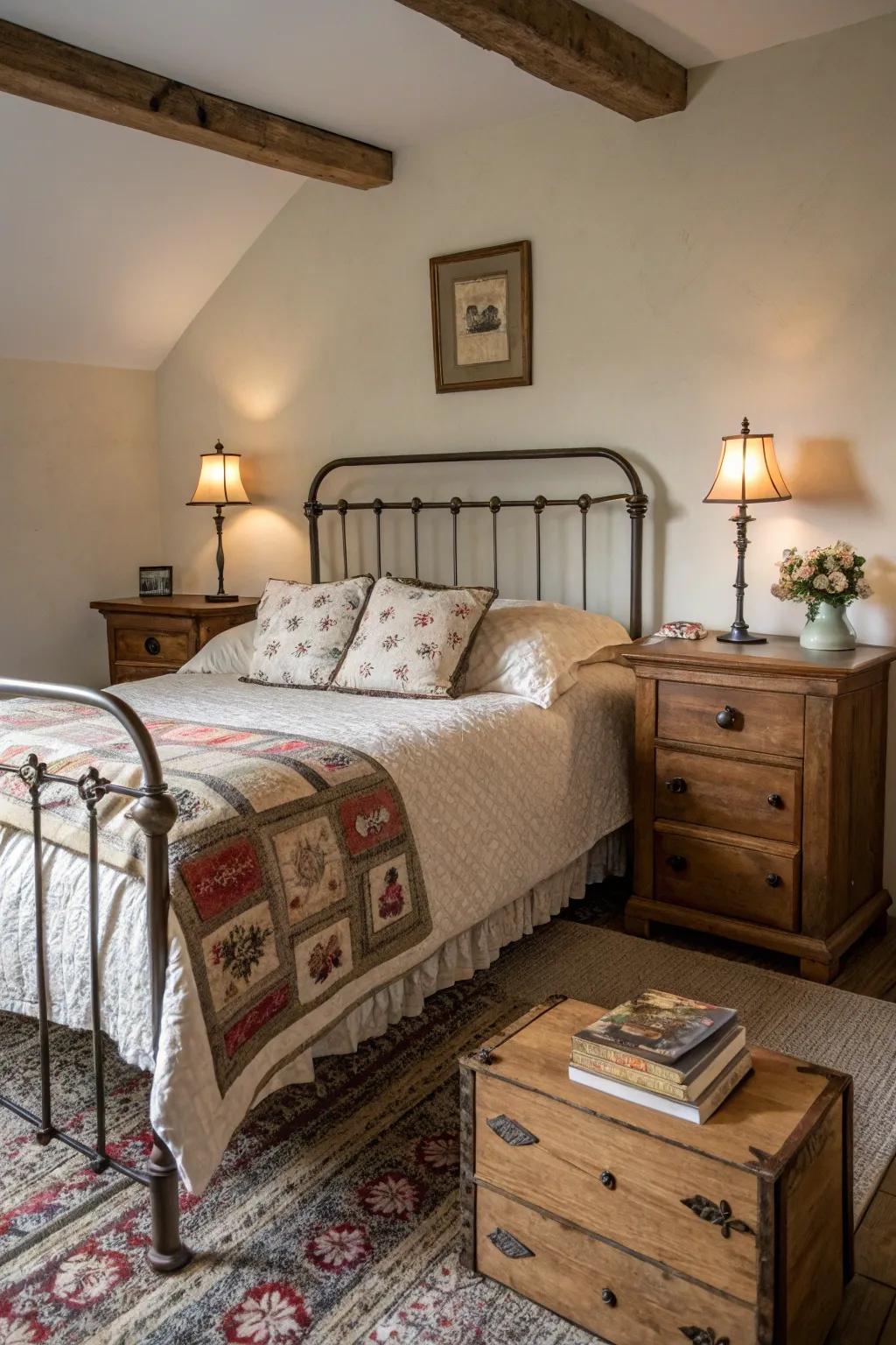 Timeworn furniture enriches the bedroom with historical charm.