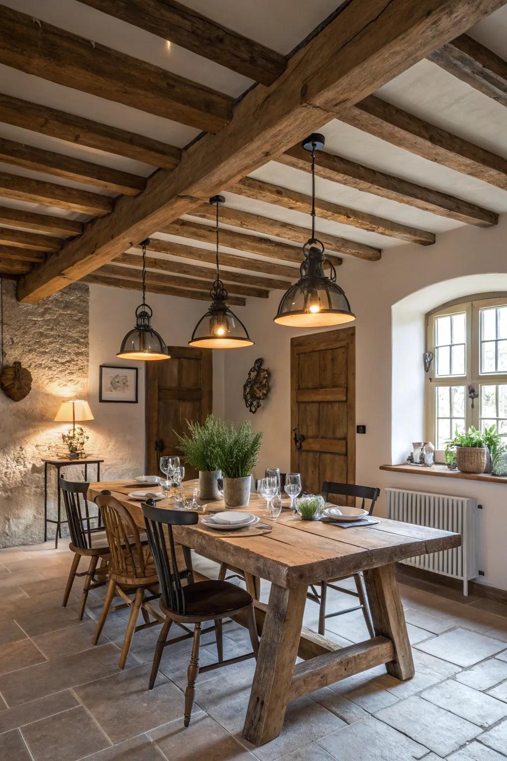 Factory-inspired lighting introduces a dash of bygone-era sophistication to this farmhouse dining space.