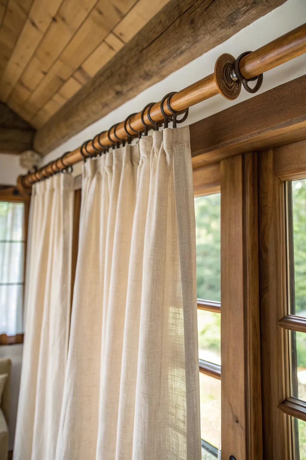 Wooden curtain rods paired with linen curtains in a cozy farmhouse setting.