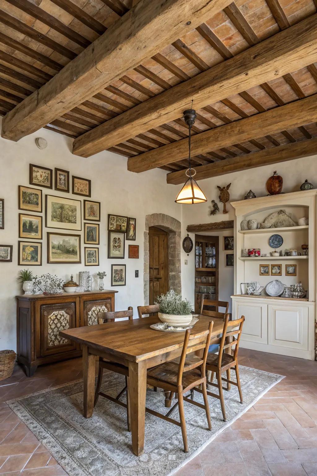 Visible struts add architectural interest and countryside charm to this dining space.
