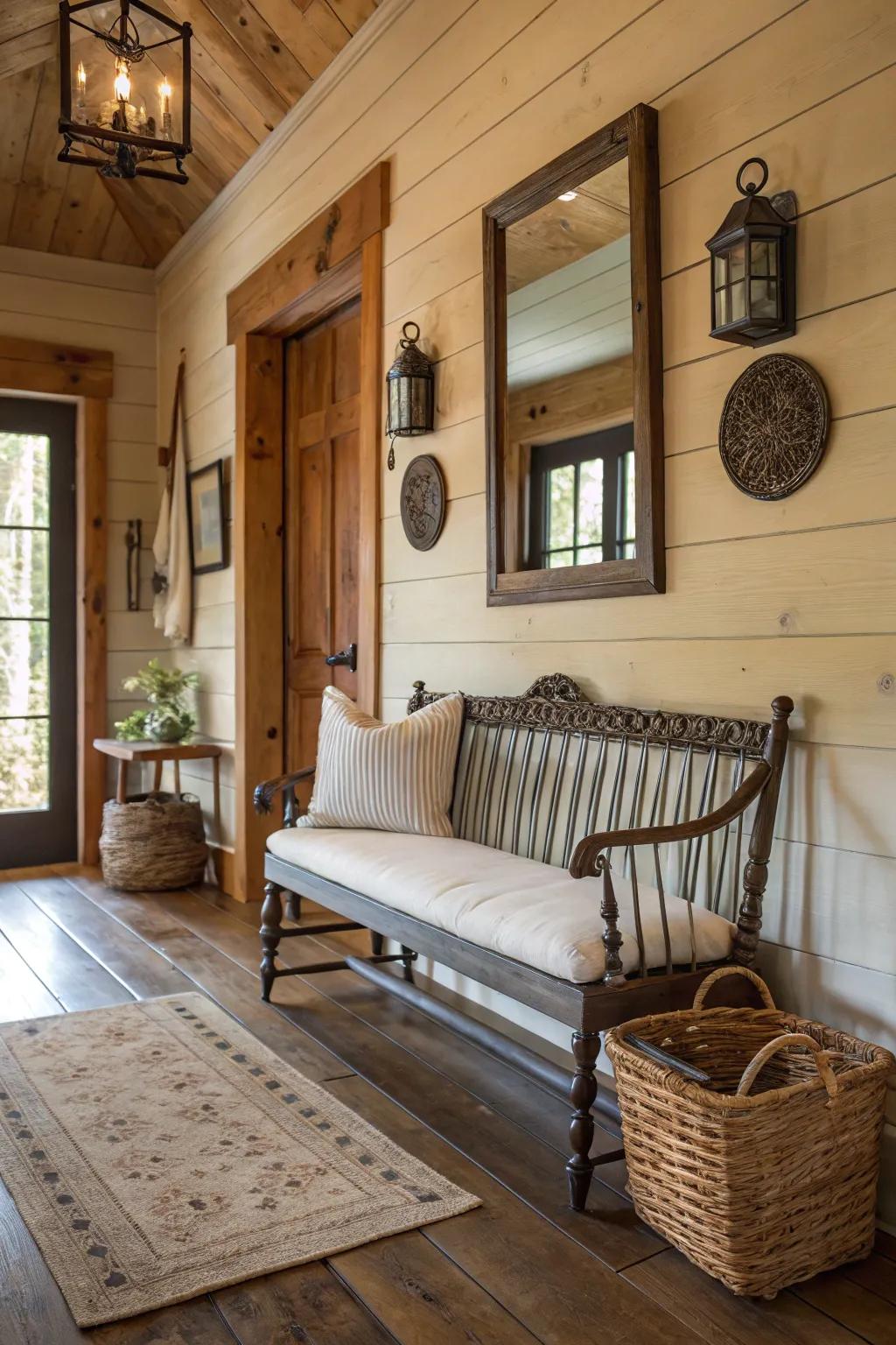 An elegant spindle-back bench serves as a focal point in a farmhouse entryway.