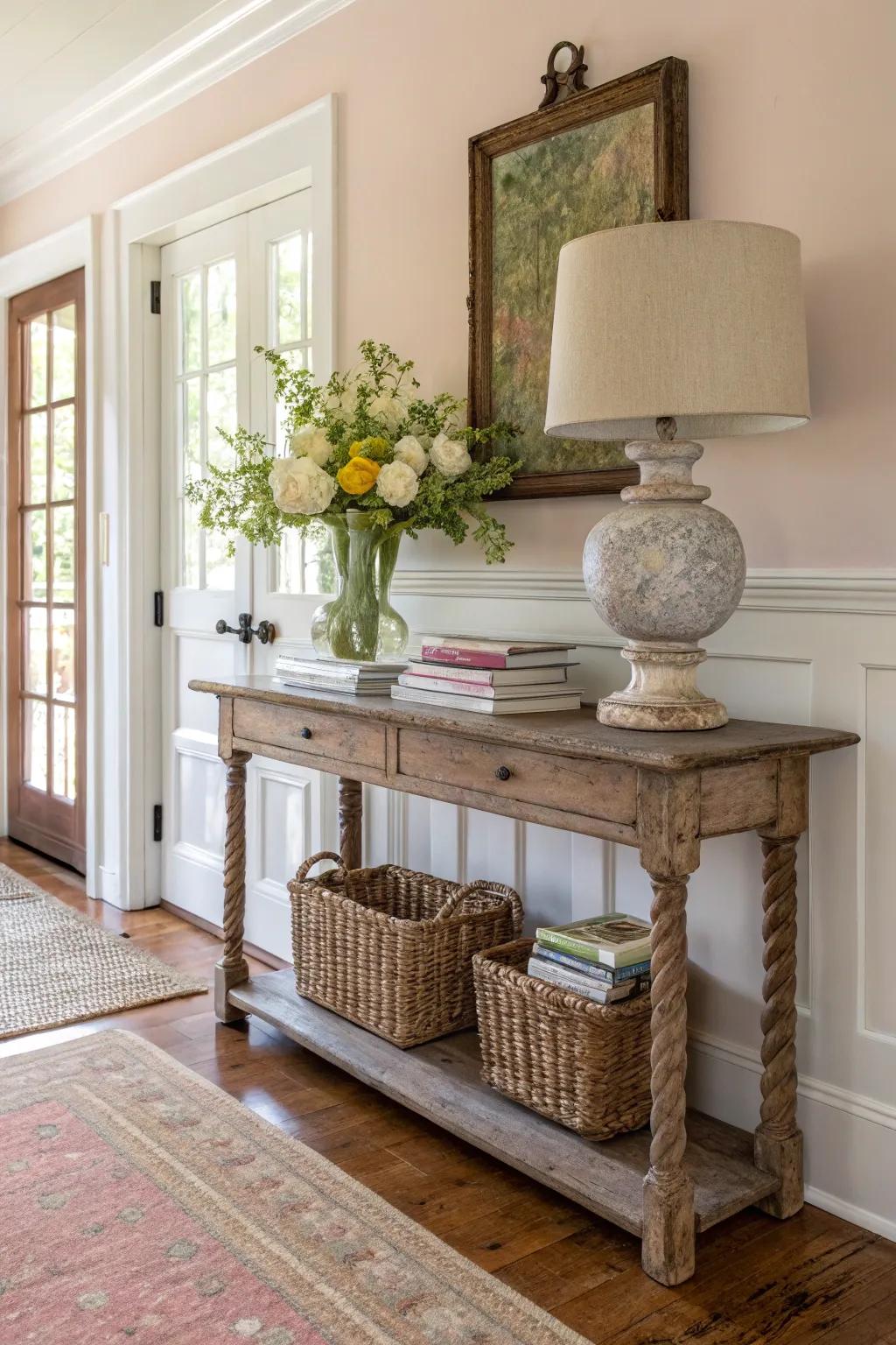 An entryway featuring a vintage console table radiating charisma.