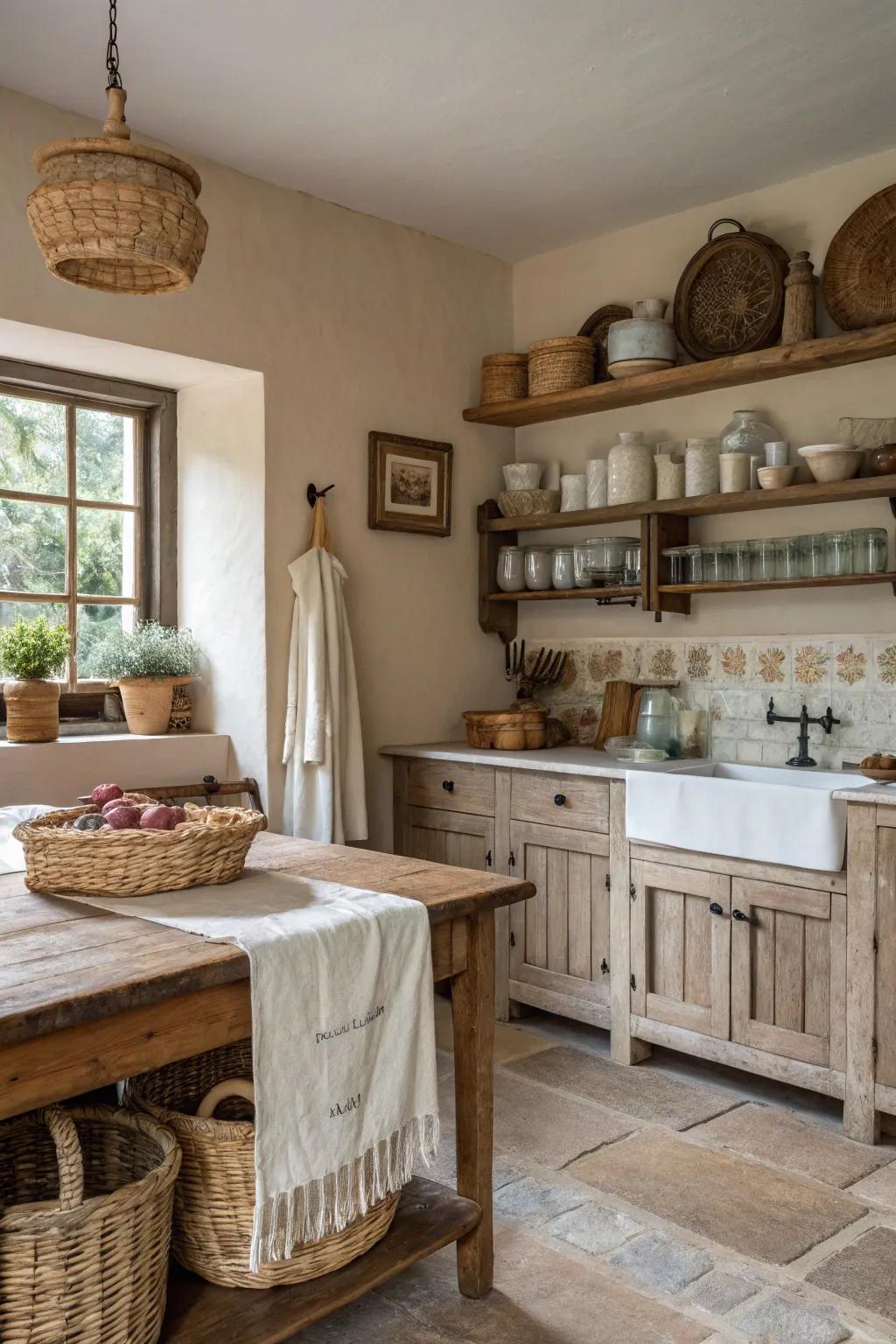 Gentle textile fabrics amplifying the coziness of a farmhouse kitchen.