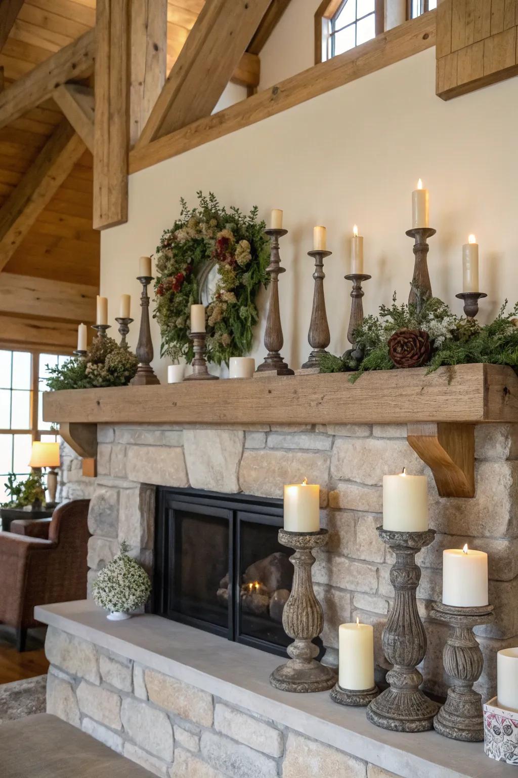 A balanced yet dynamic arrangement using mismatched candle holders.