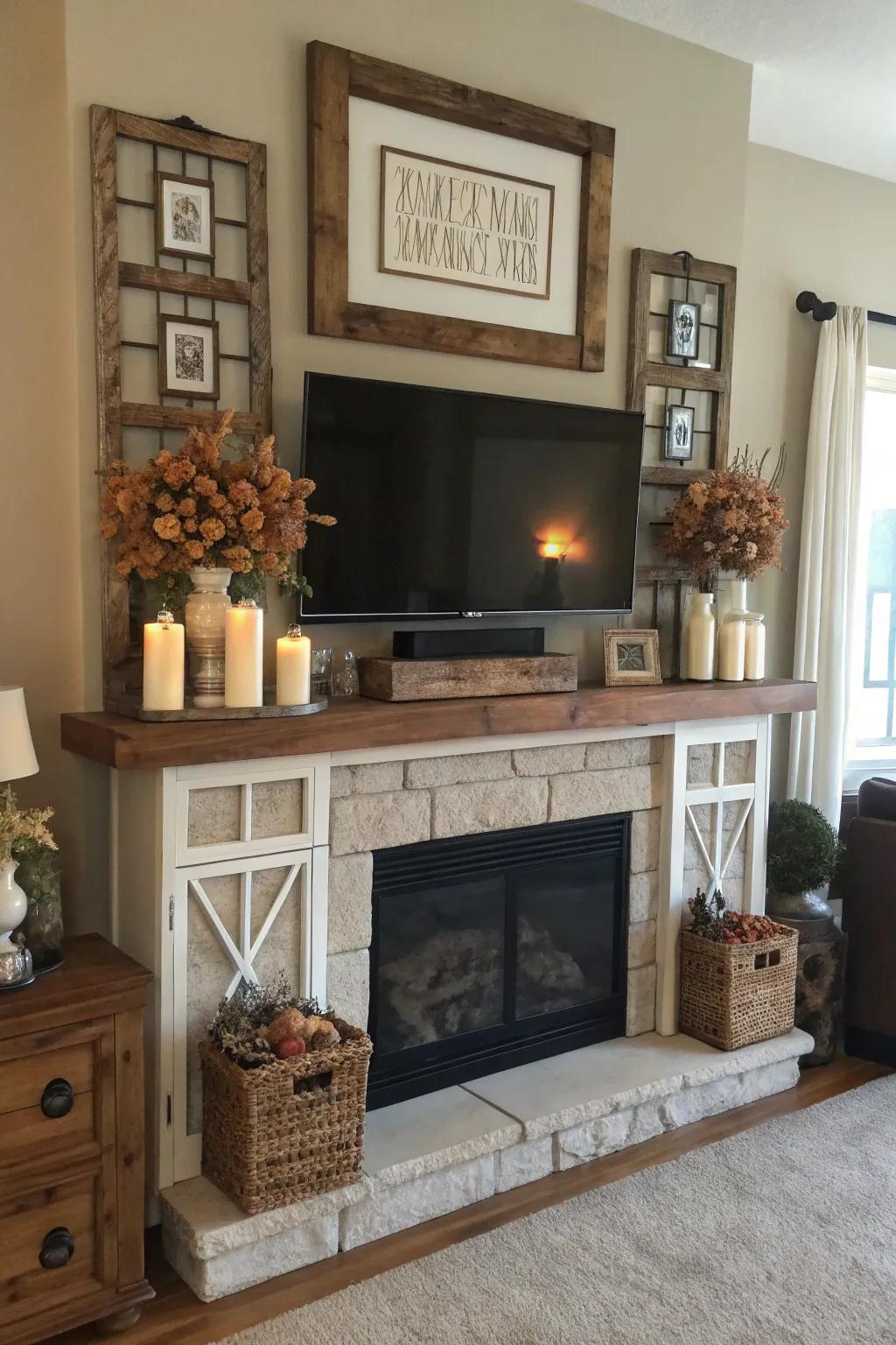 A flawlessly balanced farmhouse mantel beneath a TV, exhibiting a symmetrical decor plan.