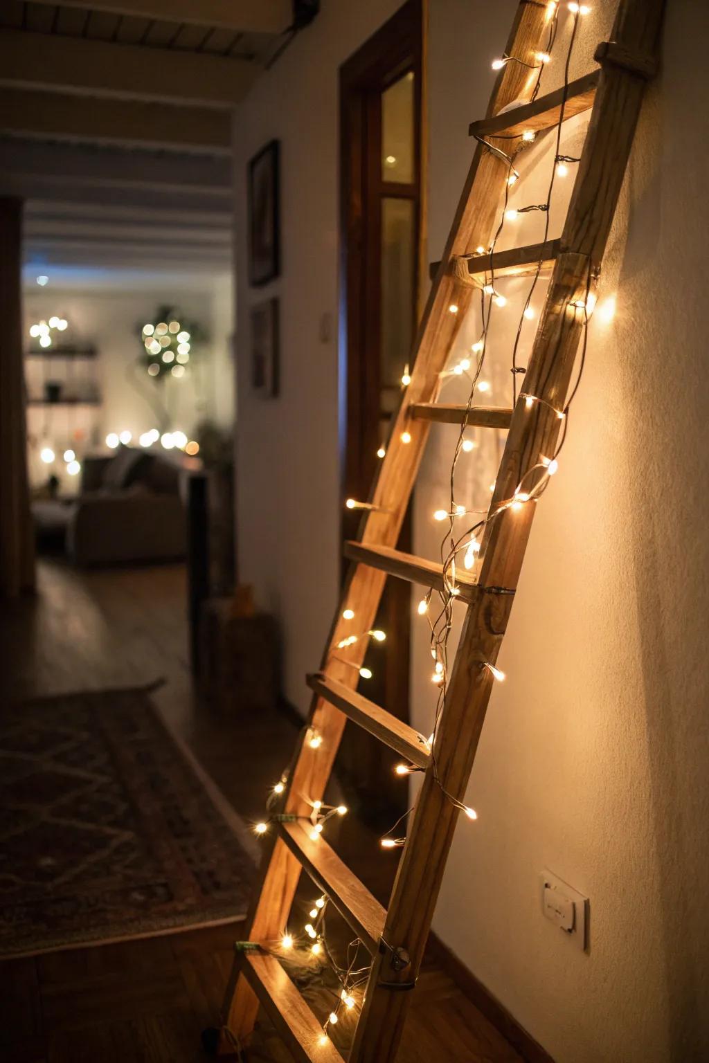 Enchanting lighting is achieved by wrapping string lights around a ladder