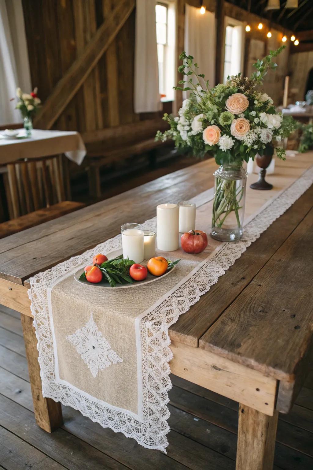 A hessian and netting overlay imparts texture and sophistication to your farmhouse table.