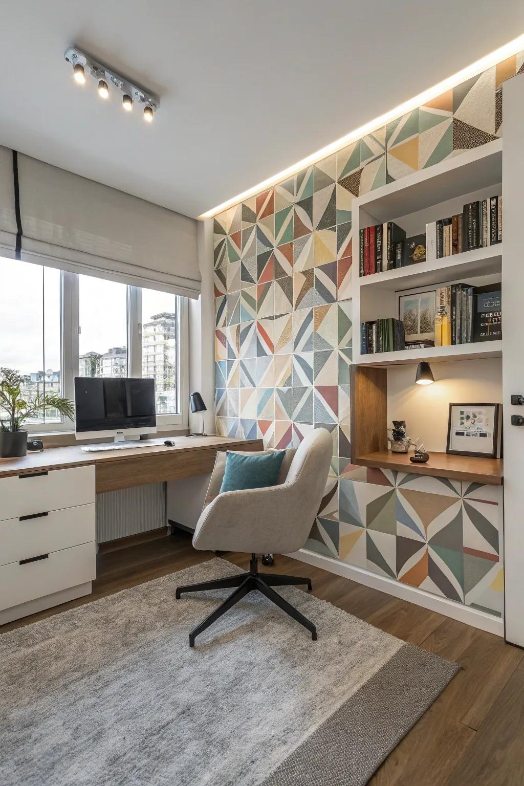 Geometric patterns add a modern touch to this home office.