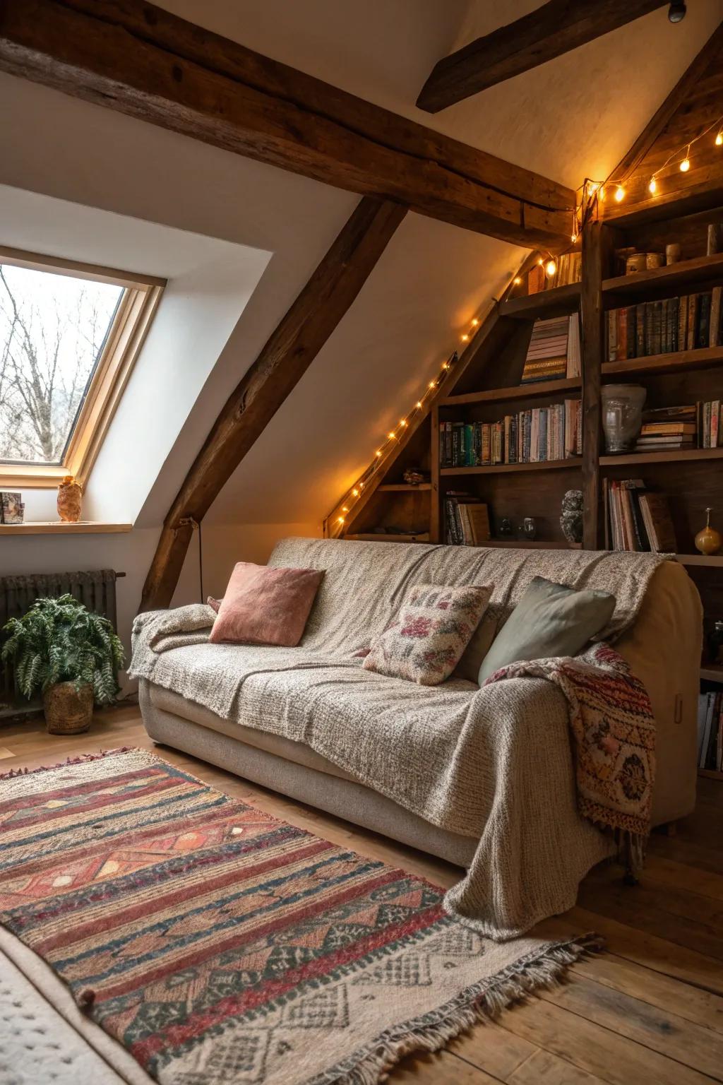 An intimate attic living space perfect for relaxation.