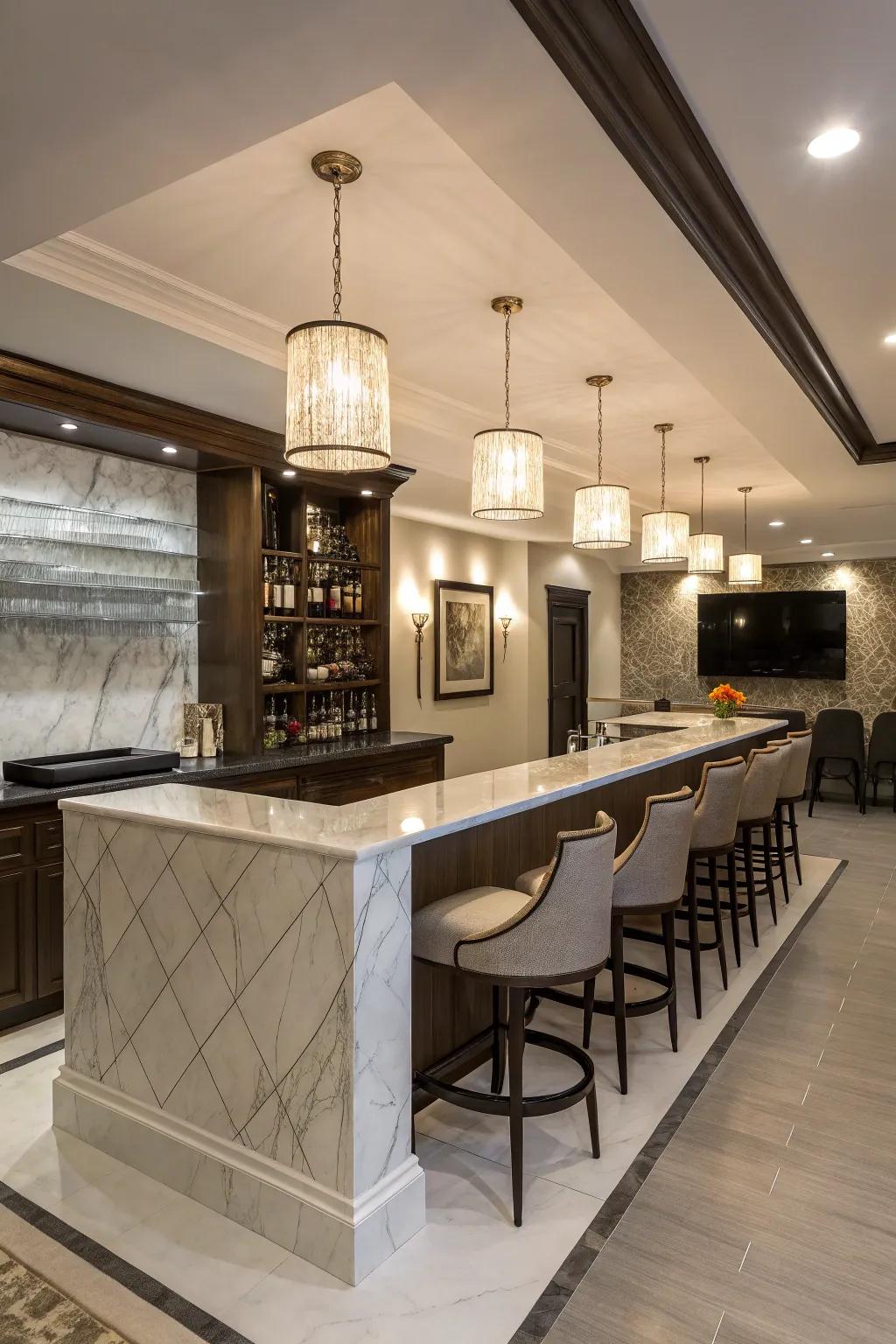 Achieve a refined, contemporary style with an elegant basement bar.