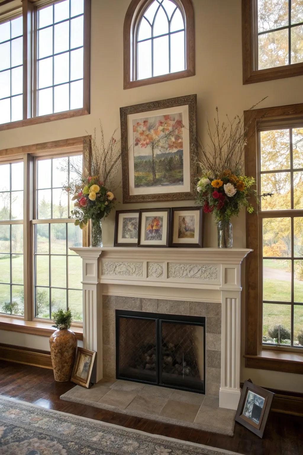 An artful display on the mantel, perfectly highlighted by surrounding windows.