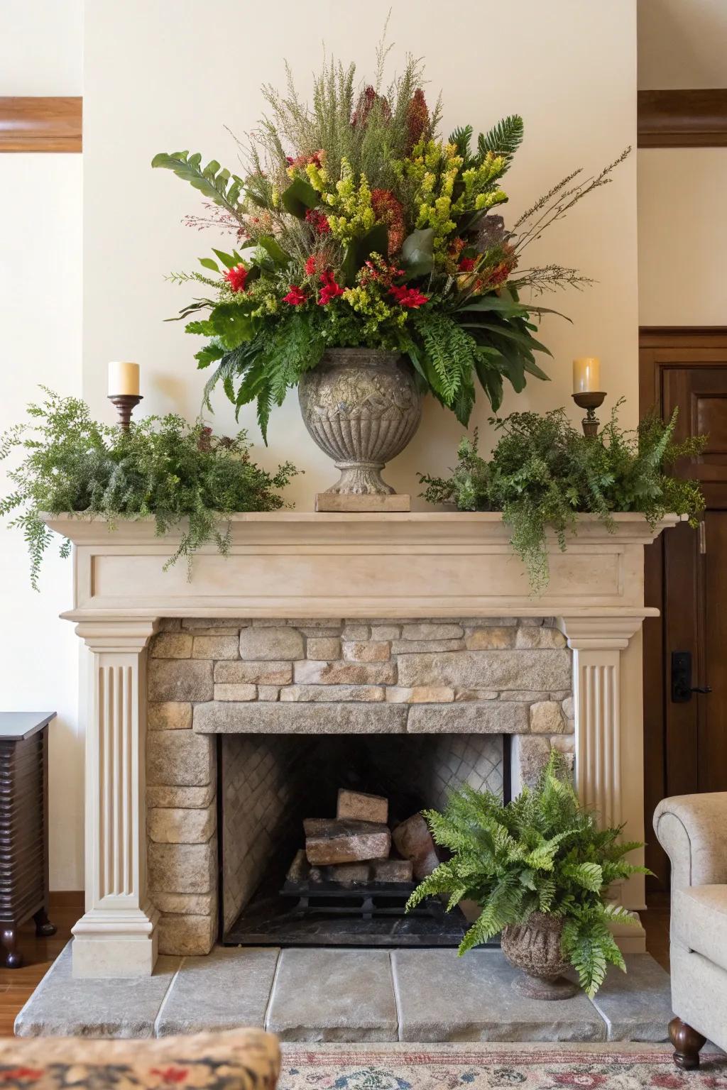 Vibrant greenery bringing life to the fireplace mantel