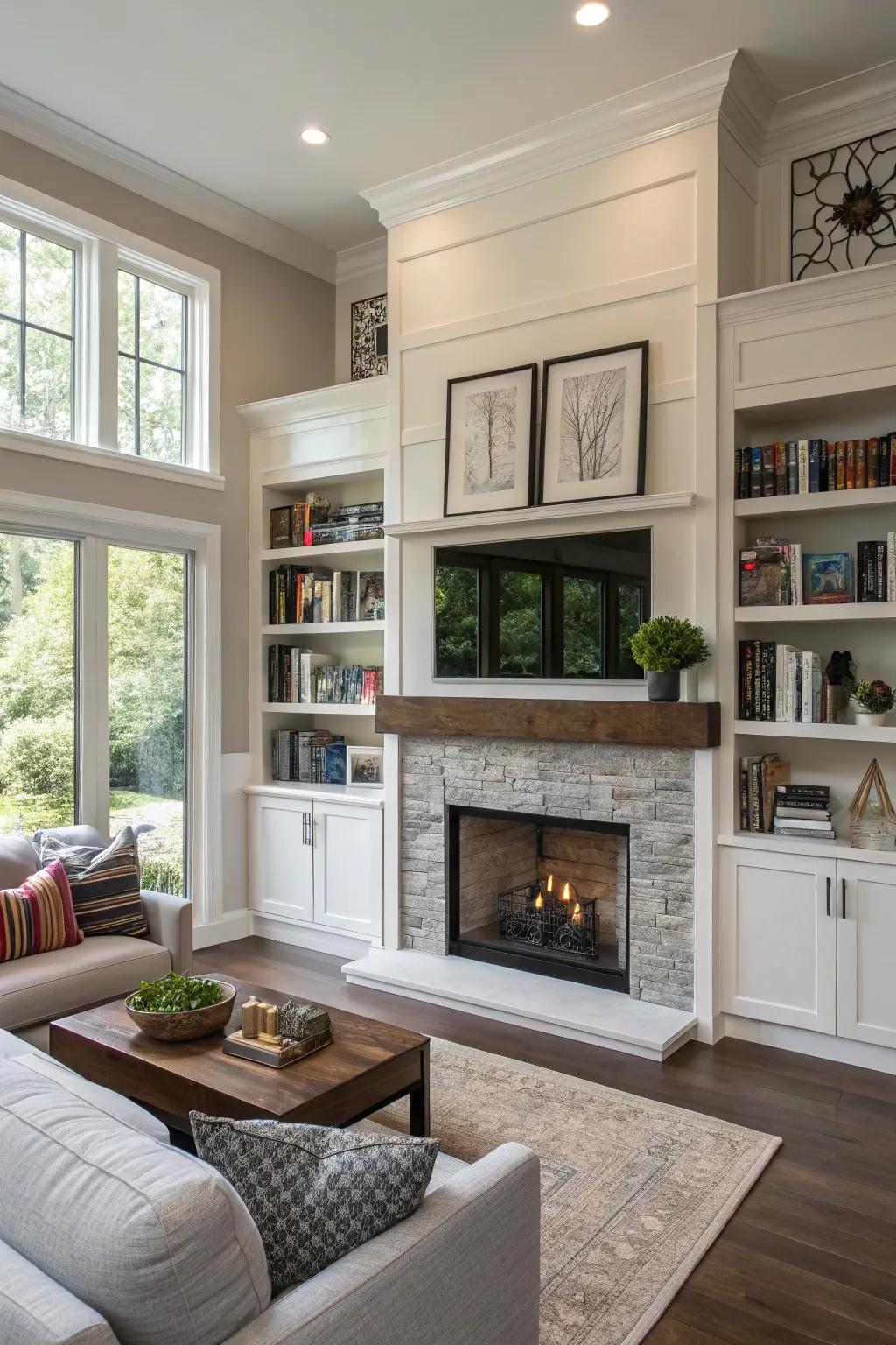 Check out this modern living room where the fireplace has shelves built right in, making it super practical and stylish.