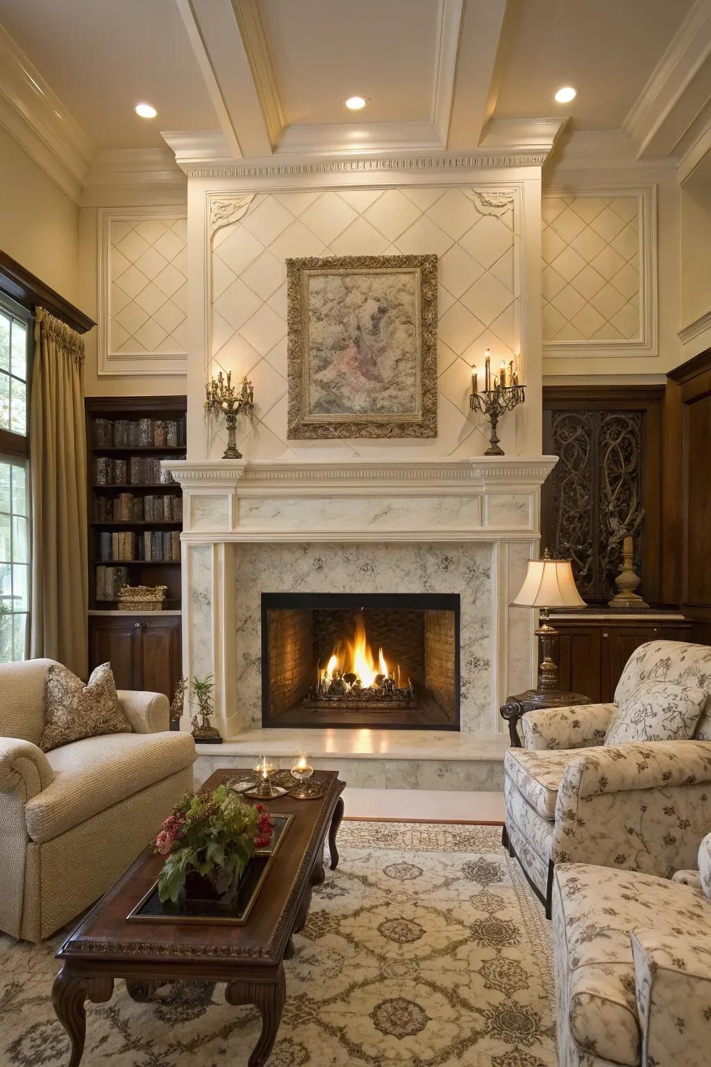 The manifestation of classic elegance through marble cladding coupled with a traditional mantel.