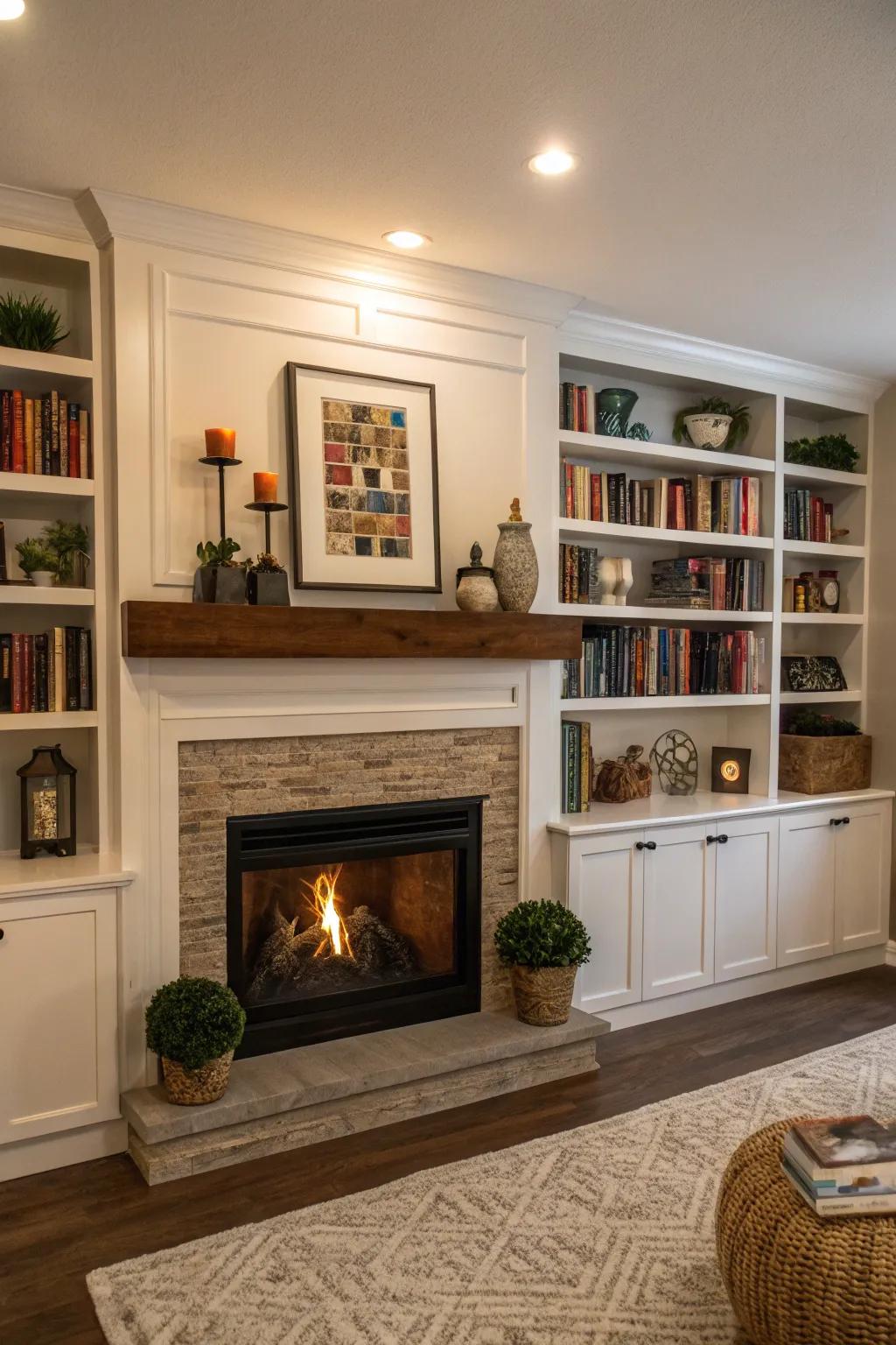 Integrated shelving surrounding the fireplace for amplified storage and flair.