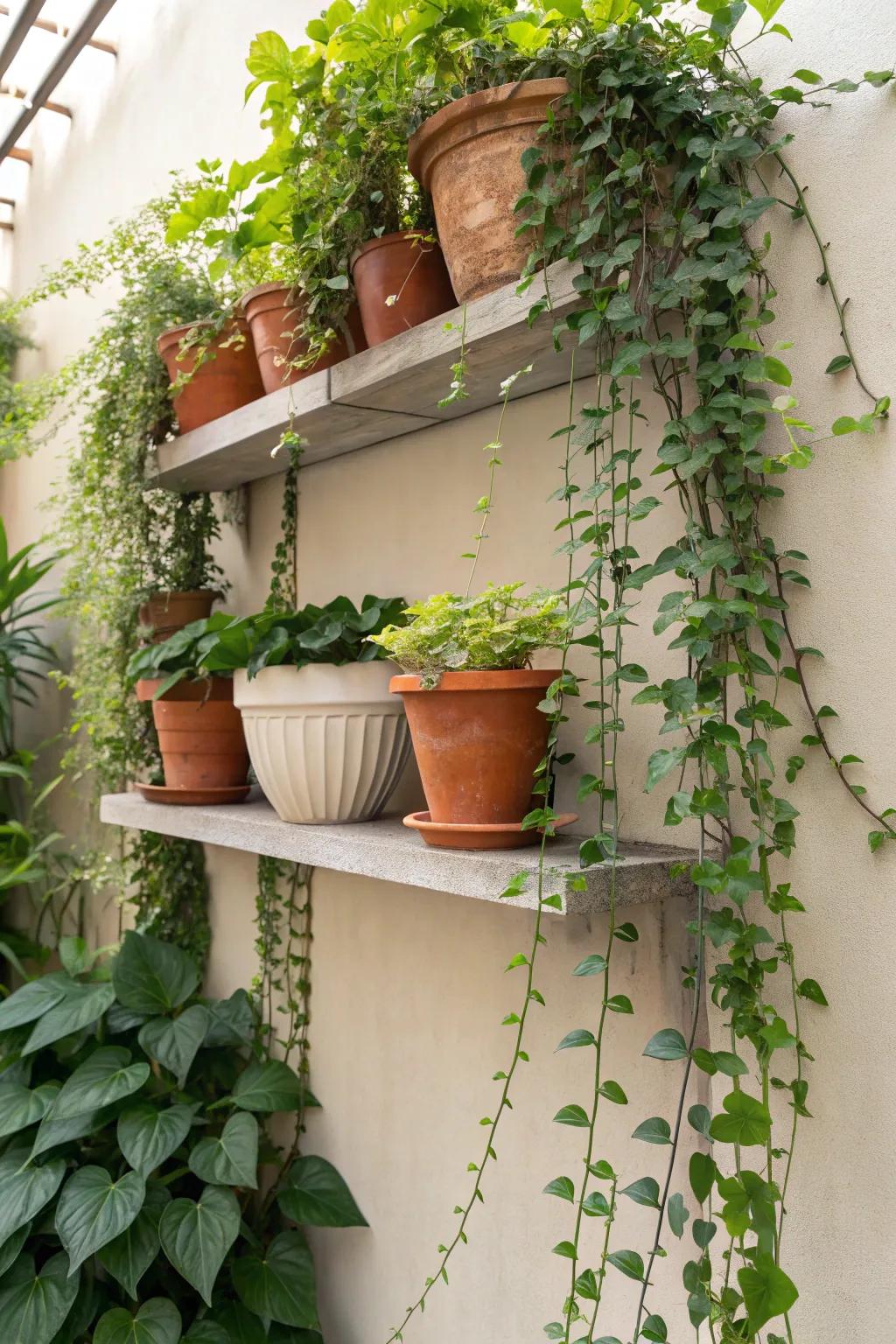 Floating shelves integrating nature indoors with lush greenery.