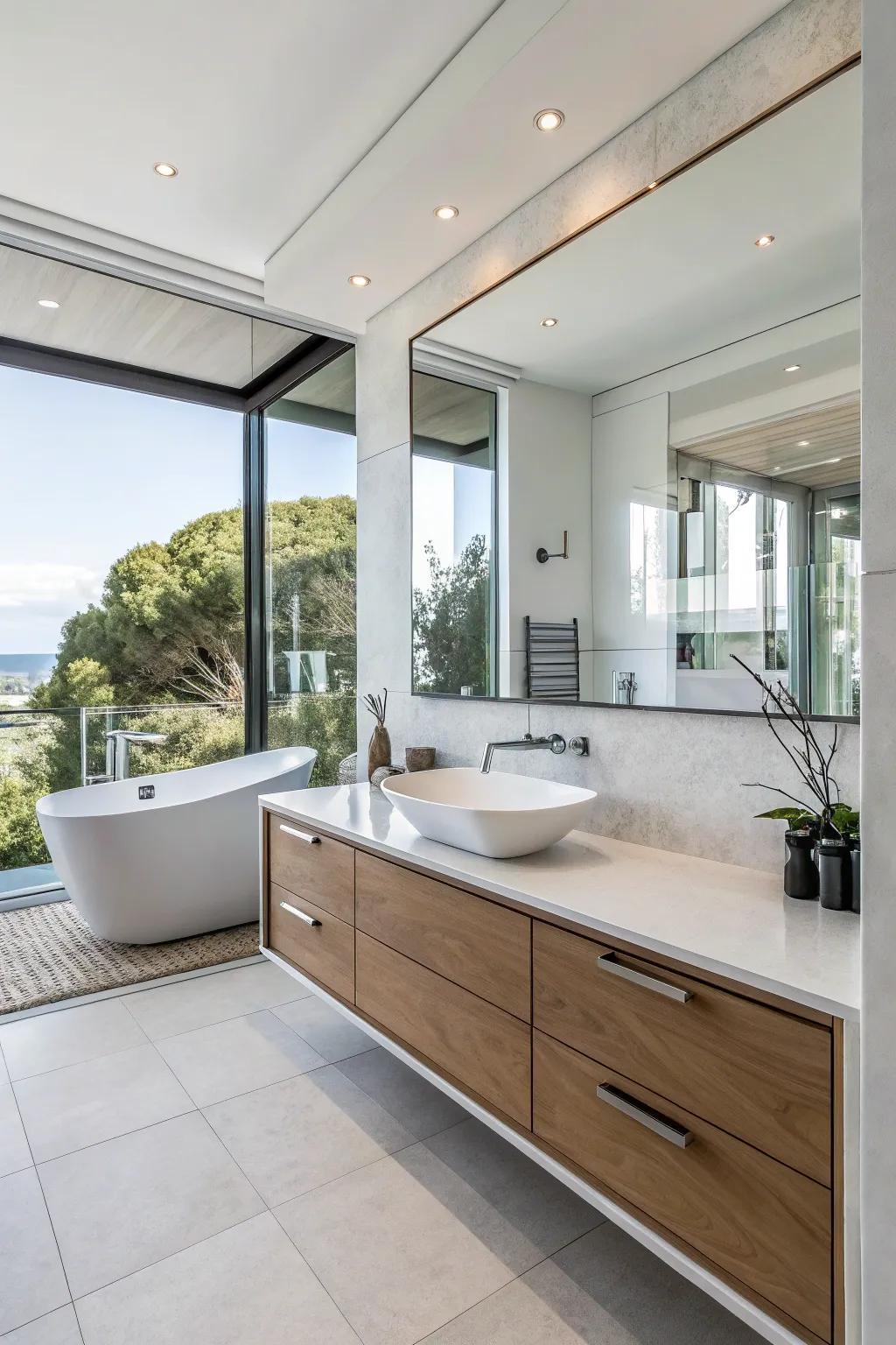 A bathroom featuring a floating vanity with modern chrome fixtures and a contemporary design.