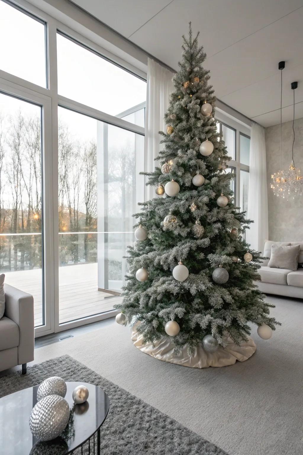 A minimalist, chic flocked Christmas tree in neutral hues.